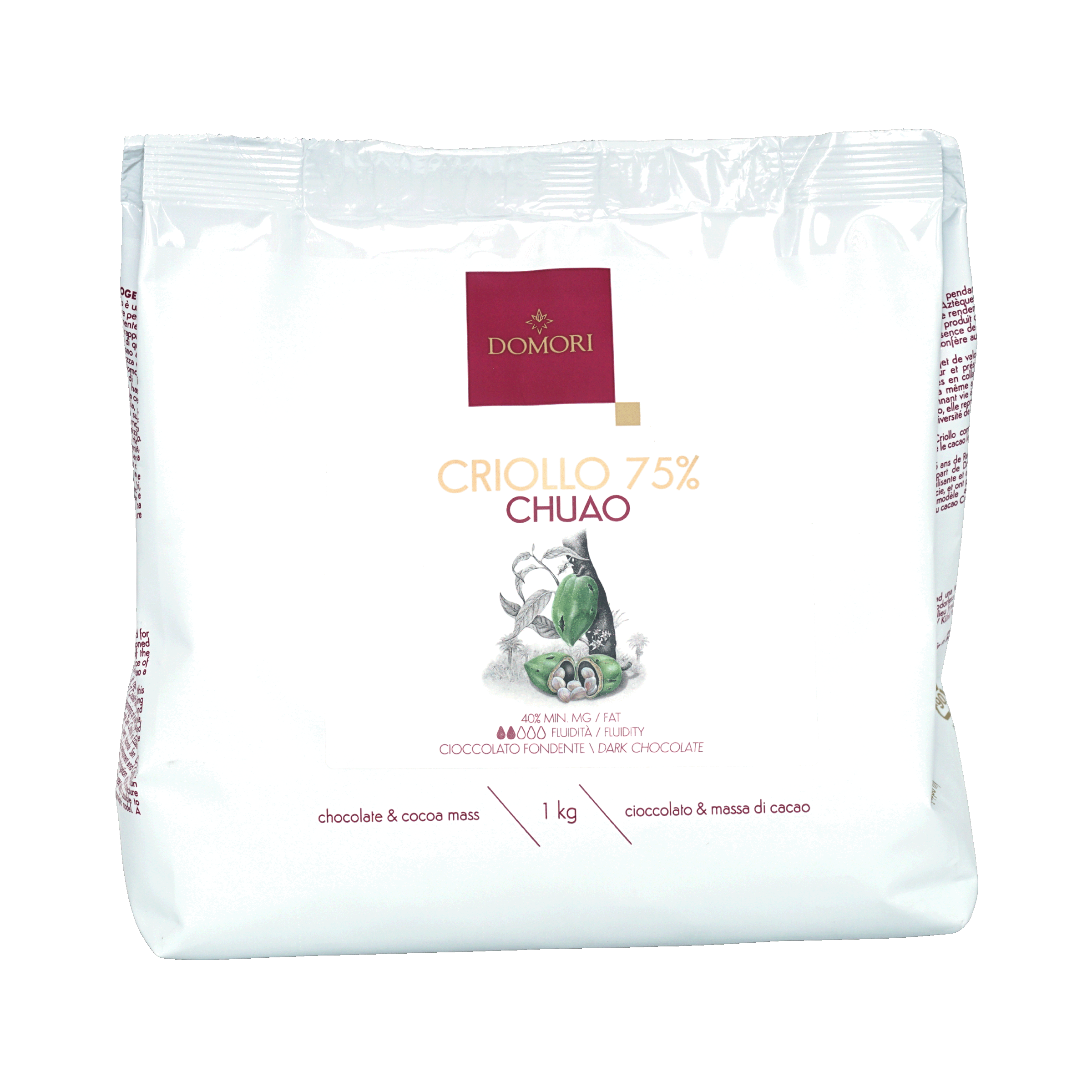 Domori Criollo 75% Chuao dark chocolate mass bag with cocoa pods, 1kg bulk drops