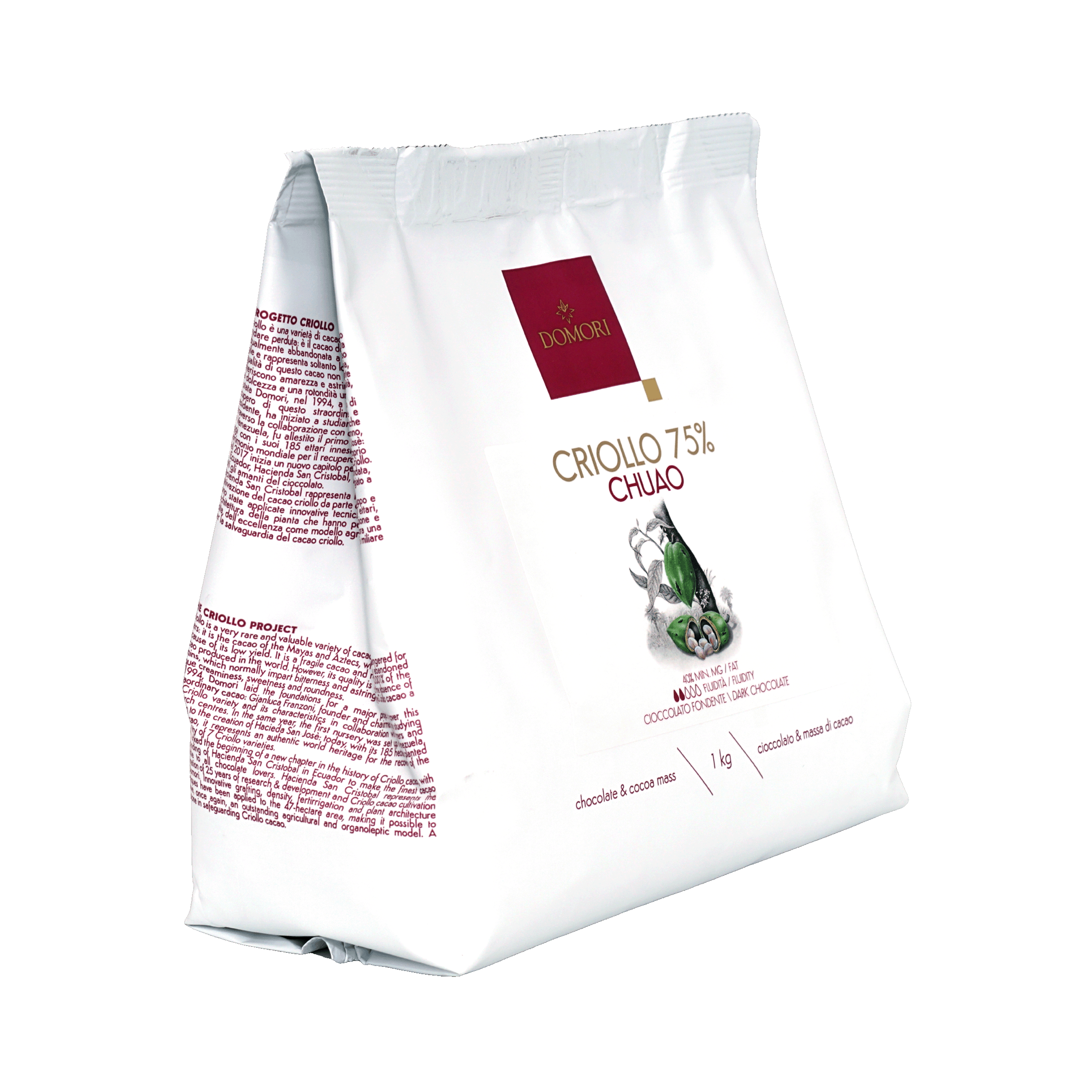 Domori Criollo 75% Chuao dark chocolate bulk 1kg white bag with maroon logo