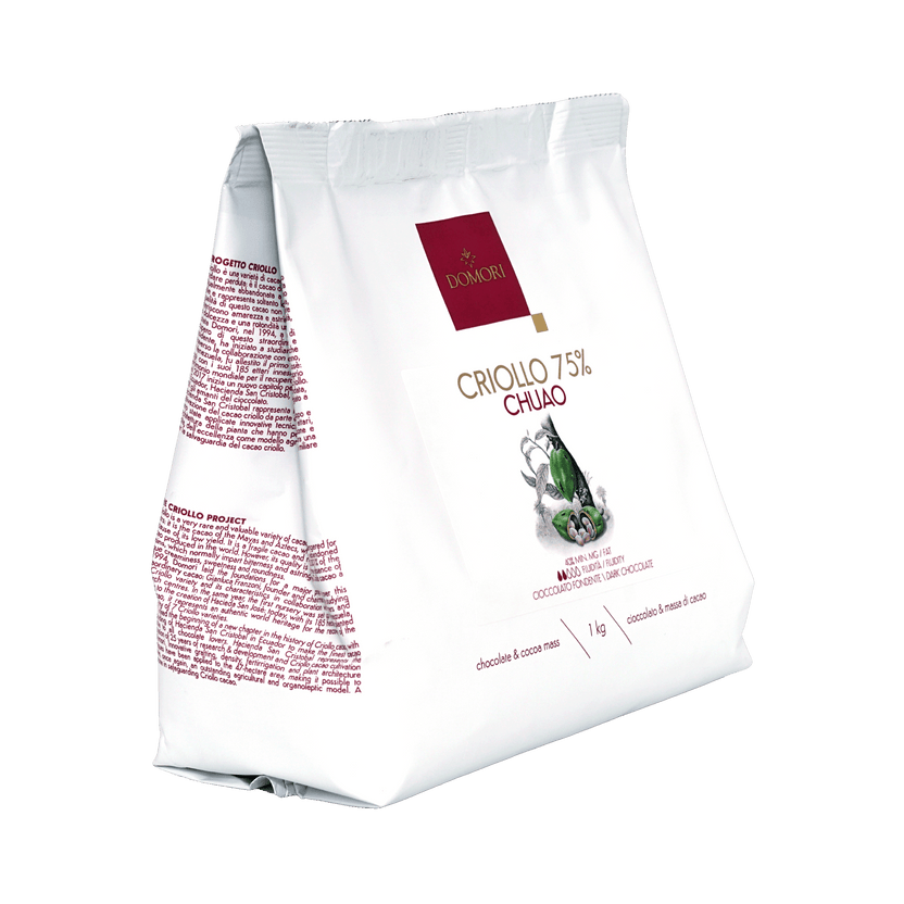 Domori Criollo 75% Chuao dark chocolate bulk 1kg white bag with maroon logo