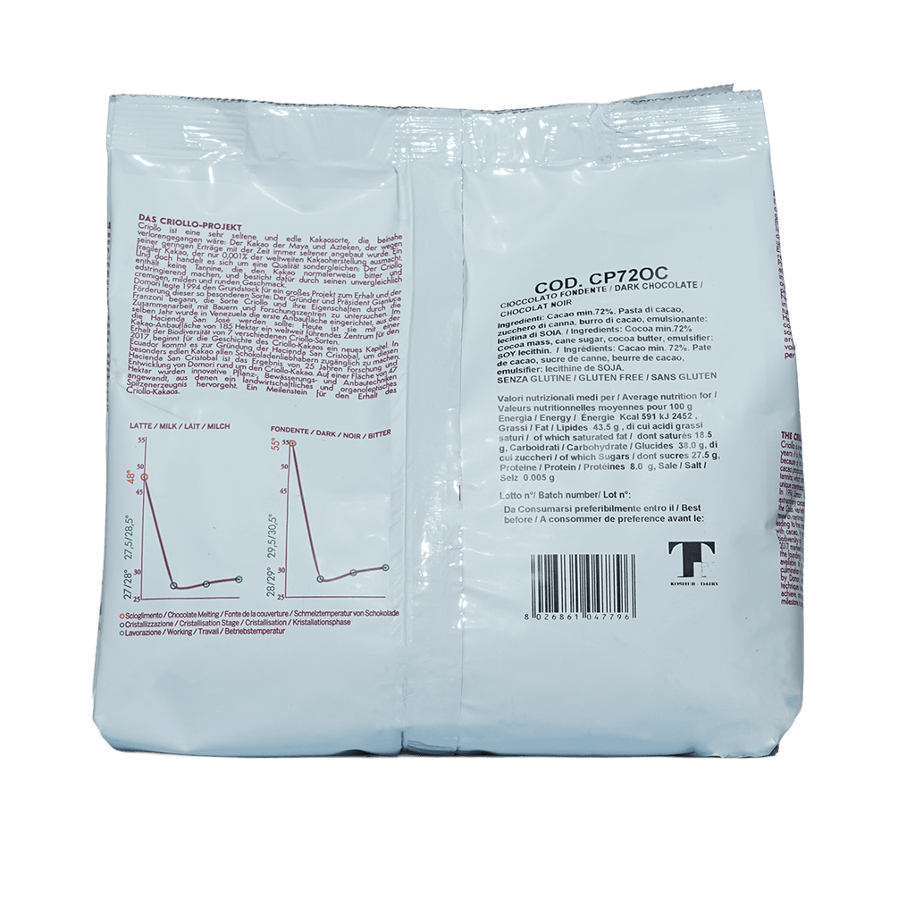 Domori Bulk Dark Ocumare 72% chocolate drops 1kg package back with multilingual labels