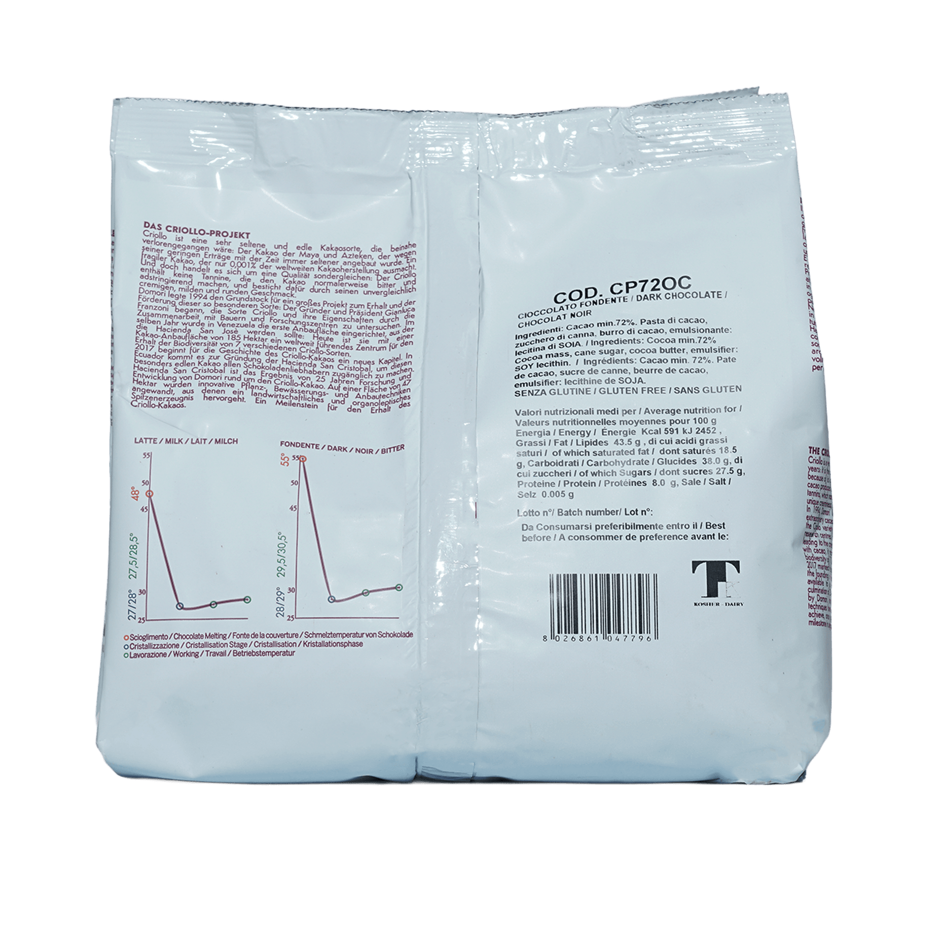 Domori Bulk Dark Ocumare 72% chocolate drops 1kg package back with multilingual labels