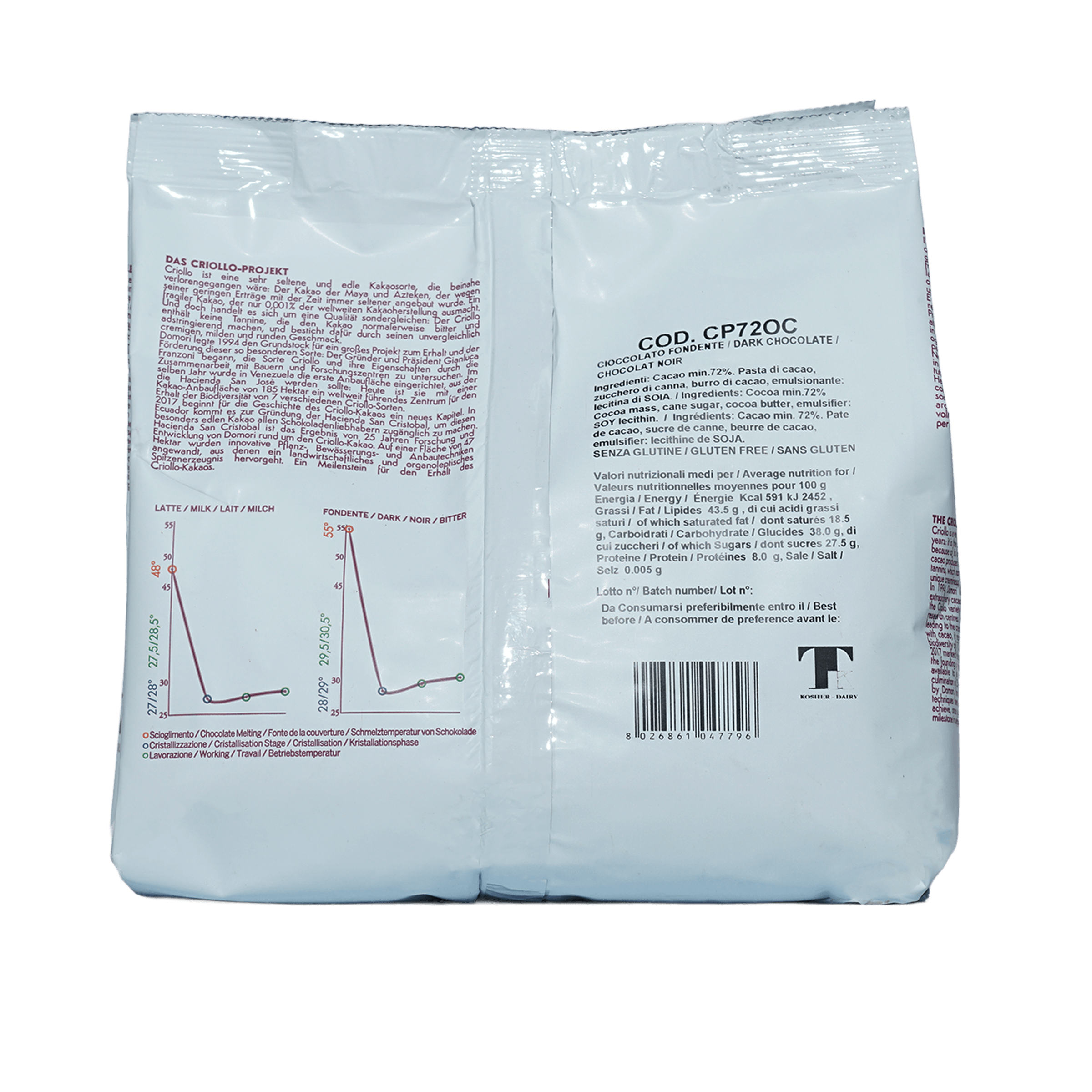 Domori Bulk Dark Ocumare 72% chocolate drops 1kg package back with multilingual labels