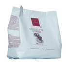 Domori Criollo 72% cocoa chocolate mass bag with maroon logo and red bird, 1kg bulk drops