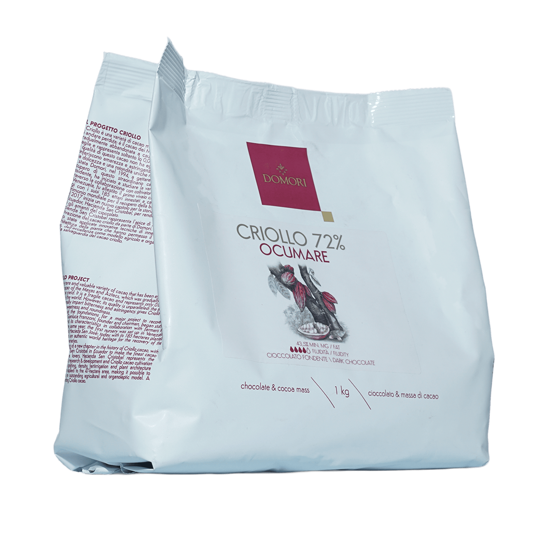 Domori Criollo 72% cocoa chocolate mass bag with maroon logo and red bird, 1kg bulk drops
