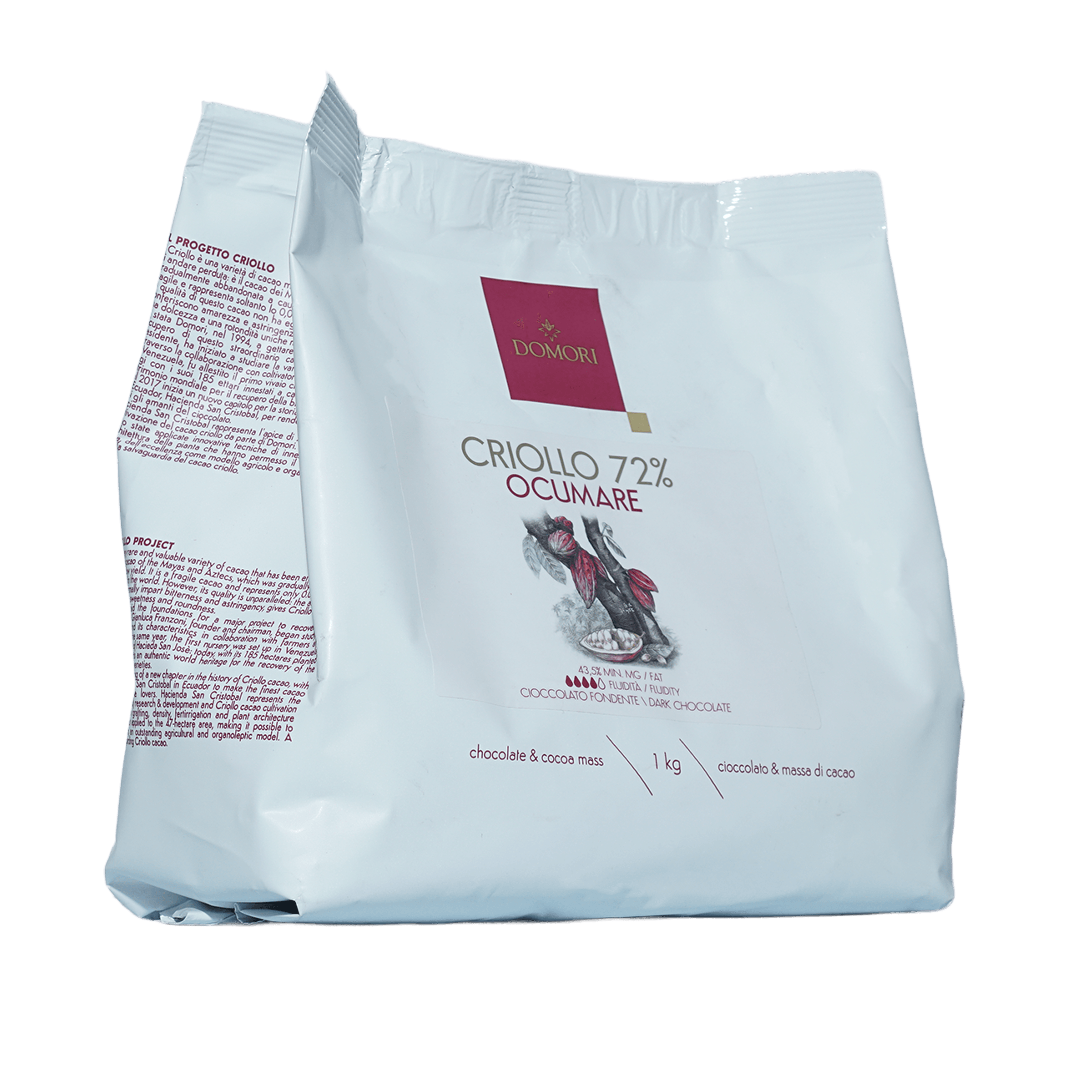 Domori Criollo 72% cocoa chocolate mass bag with maroon logo and red bird, 1kg bulk drops