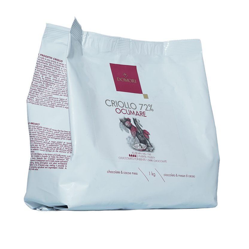 Domori Criollo 72% cocoa chocolate mass bag with maroon logo and red bird, 1kg bulk drops