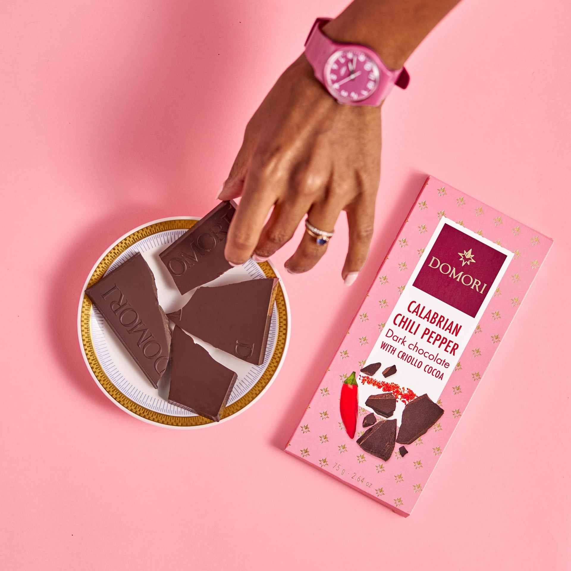 Domori 70% dark chocolate bar with Calabrian chili, pink wrapper