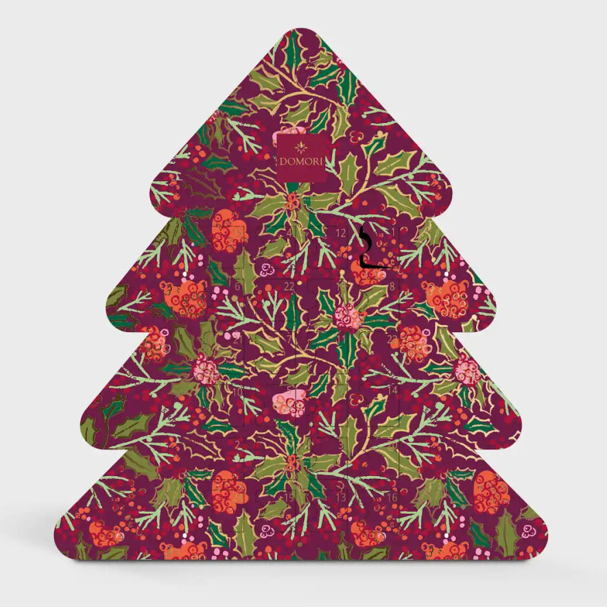 Domori advent calendar shaped like a Christmas tree, burgundy box printed with holly leaves and berries