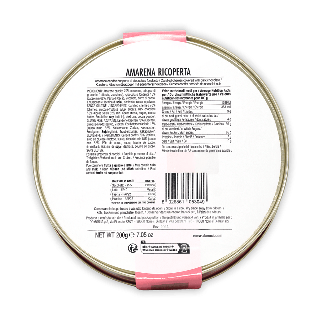 Domori amarena cherries in silver tin with pink band, chocolate-coated ricotta