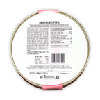 Domori amarena cherries in silver tin with pink band, chocolate-coated ricotta
