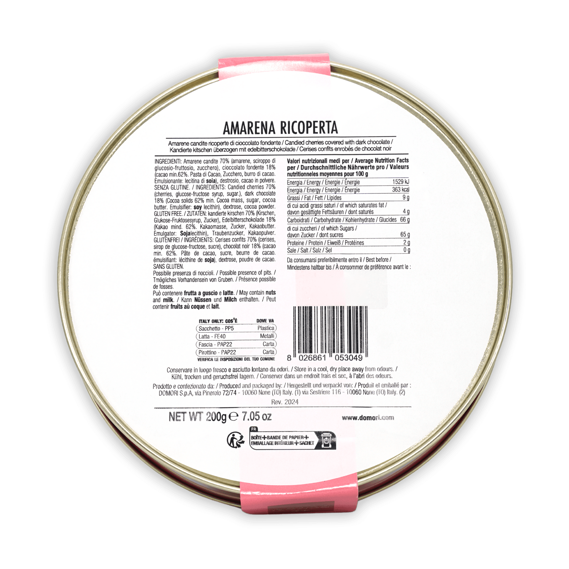 Domori amarena cherries in silver tin with pink band, chocolate-coated ricotta