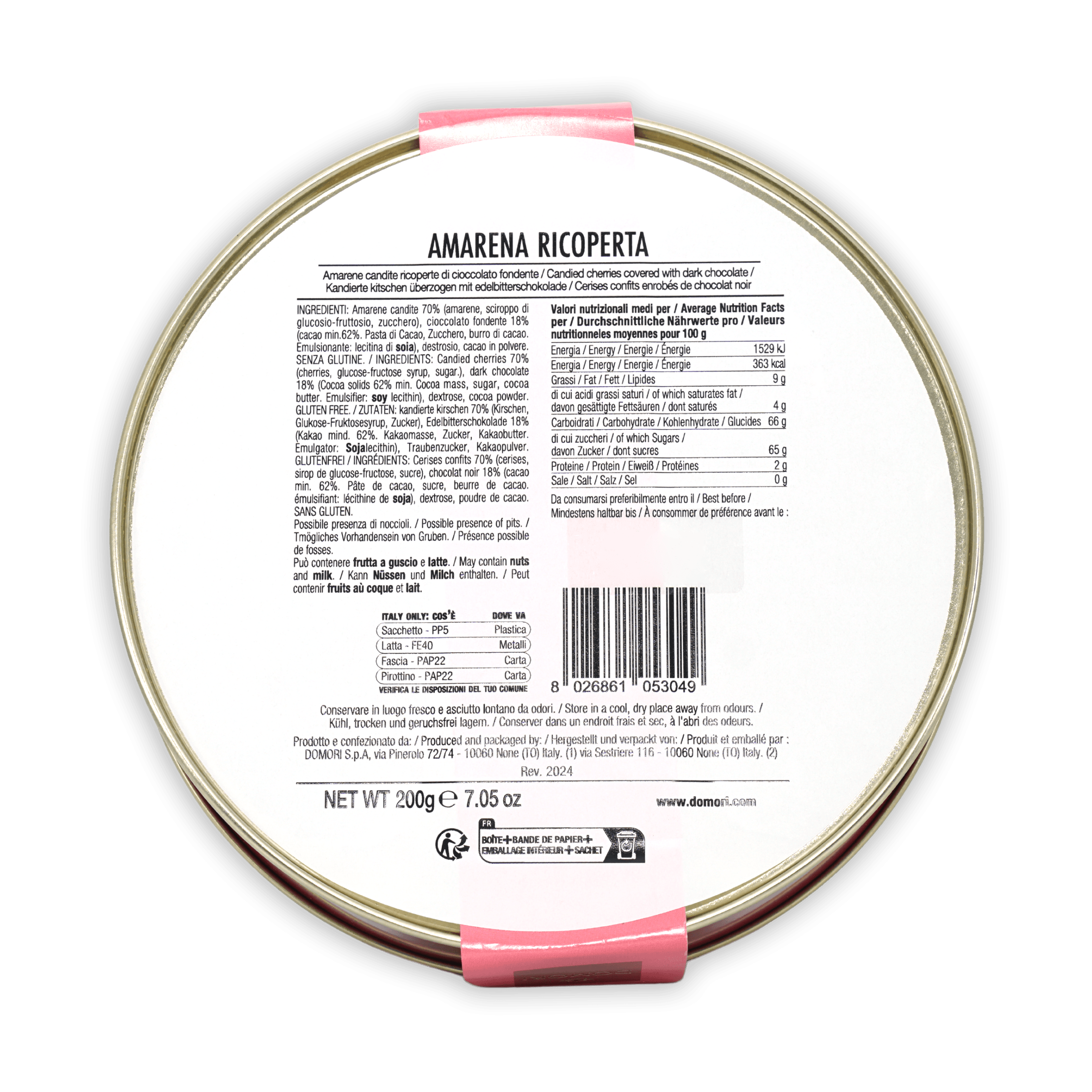 Domori amarena cherries in silver tin with pink band, chocolate-coated ricotta