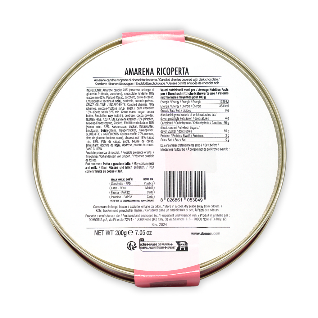 Domori amarena cherries in silver tin with pink band, chocolate-coated ricotta