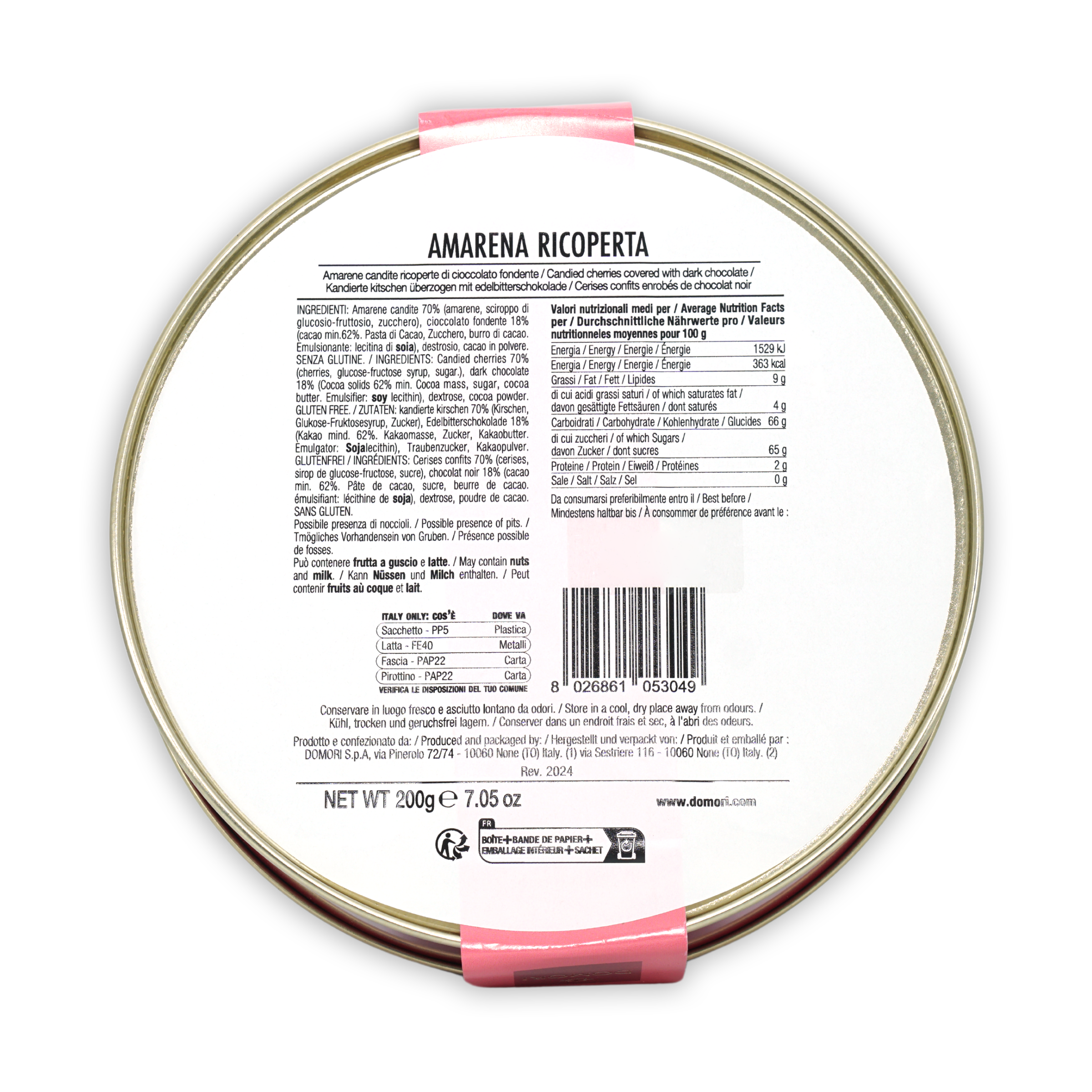 Domori amarena cherries in silver tin with pink band, chocolate-coated ricotta