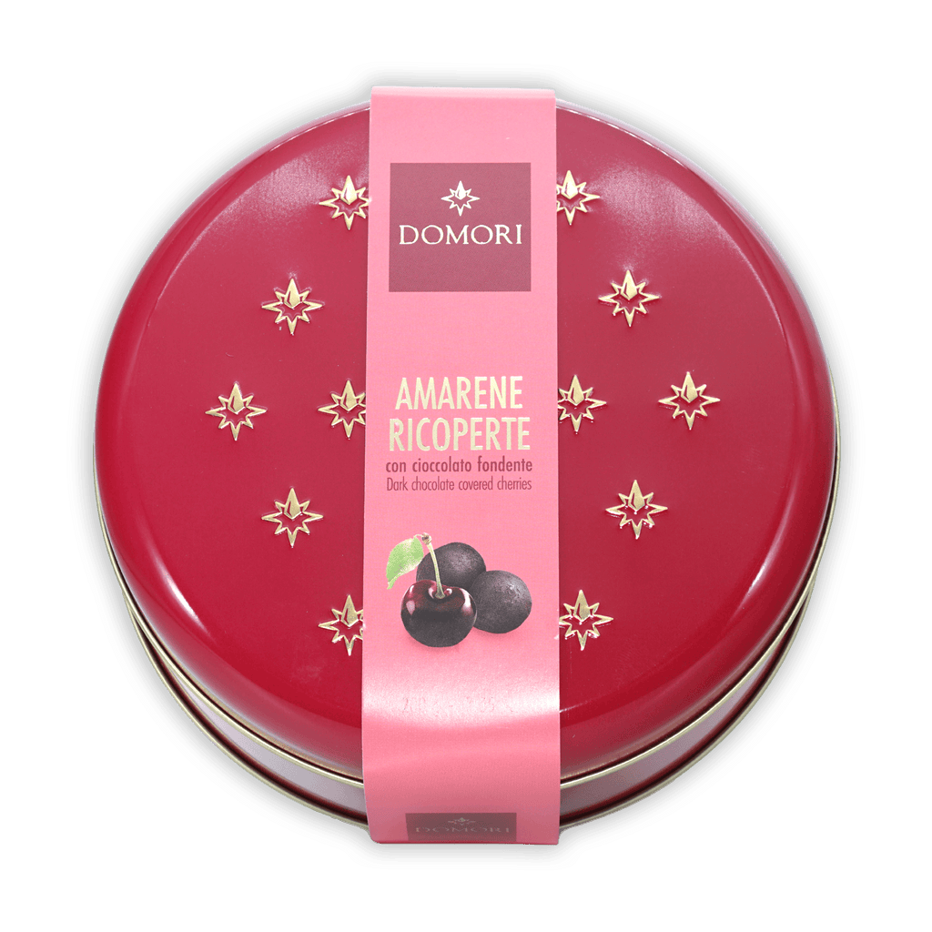 Domori amarene ricoperte tin: red with gold stars, pink label