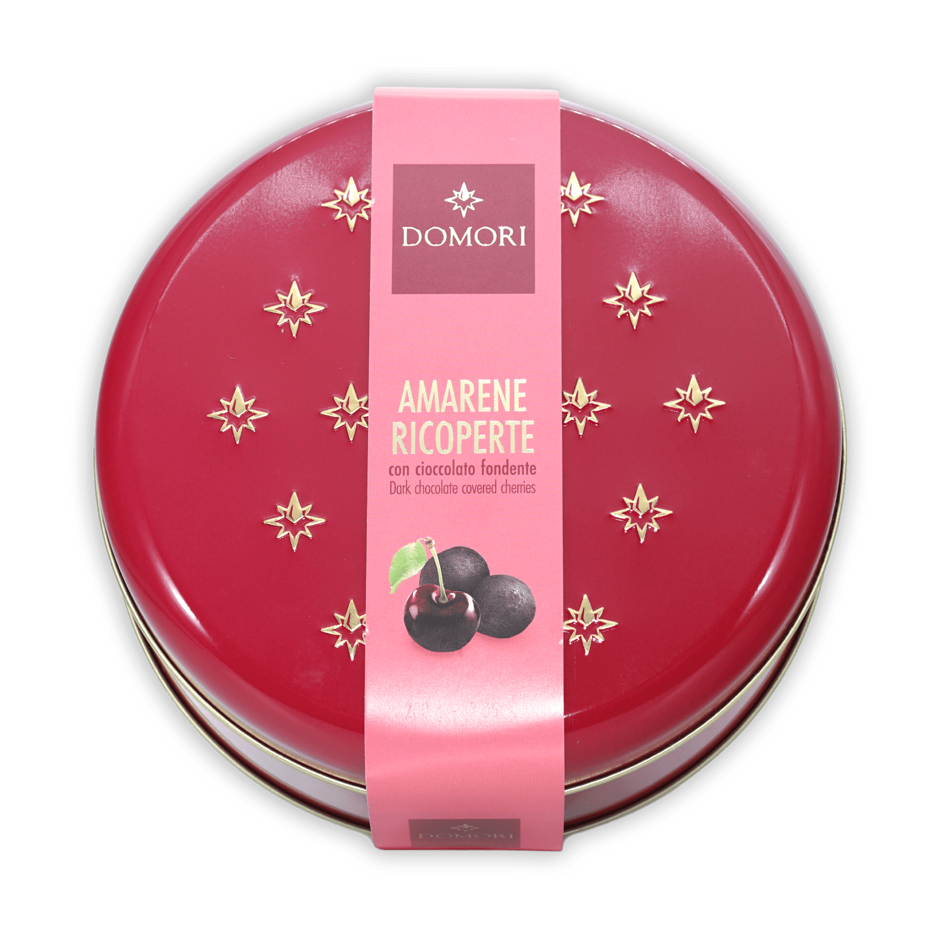 Domori amarene ricoperte tin: red with gold stars, pink label