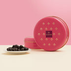 Domori pink tin with gold stars, dark chocolate Amarena cherries gift box