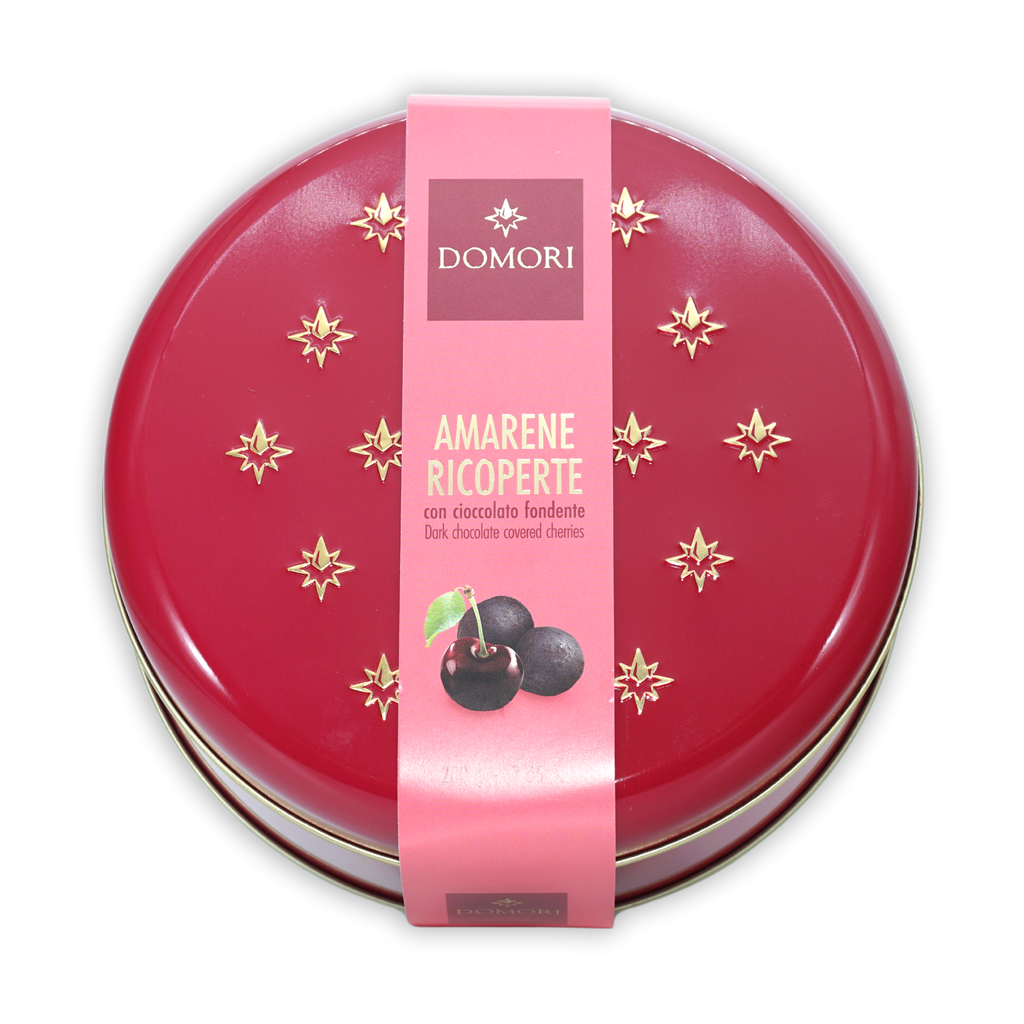 Domori amarene ricoperte tin: red with gold stars, pink label