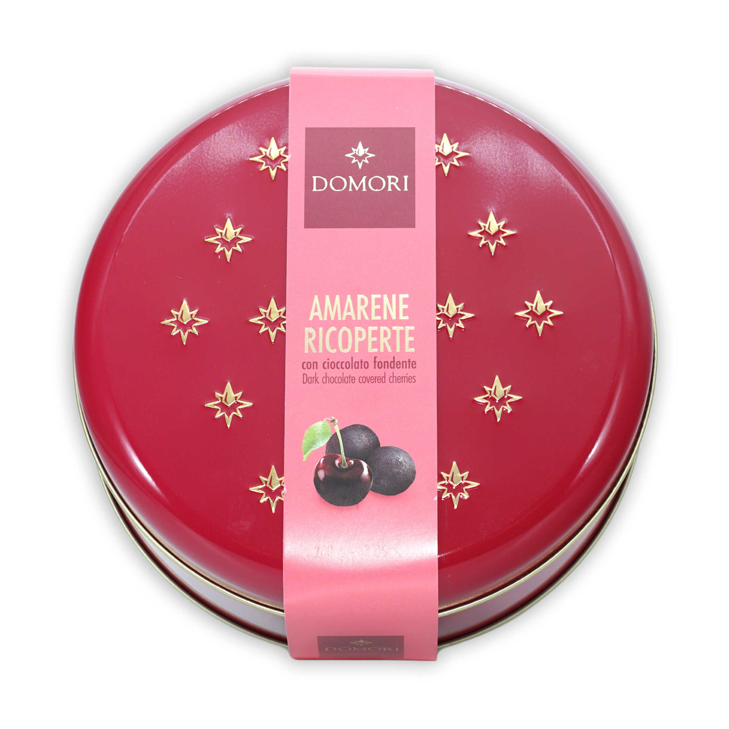 Domori amarene ricoperte tin: red with gold stars, pink label