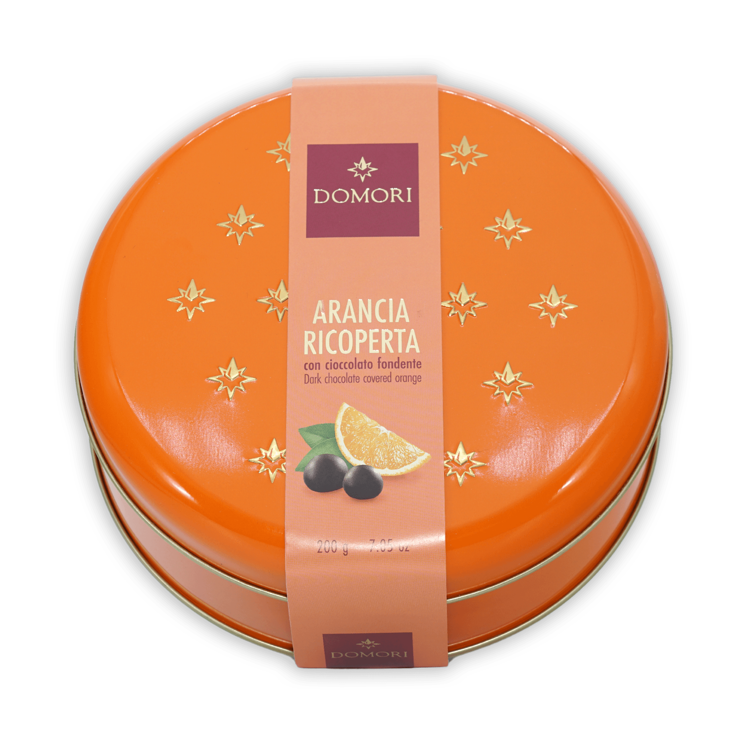 Domori chocolate coated orange tin gift box, vibrant orange with gold stars