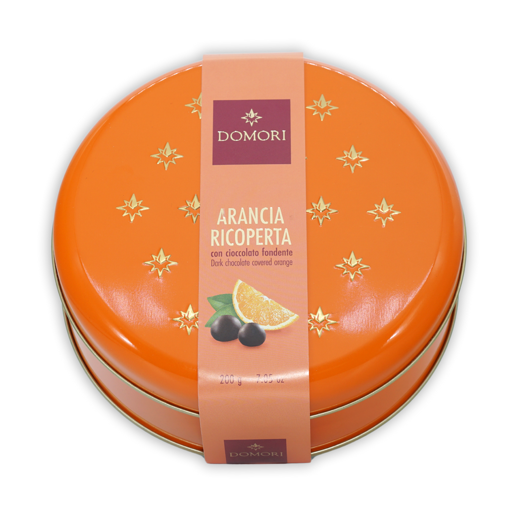 Domori chocolate coated orange tin gift box, vibrant orange with gold stars