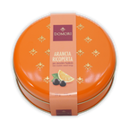 Domori chocolate coated orange tin gift box, vibrant orange with gold stars