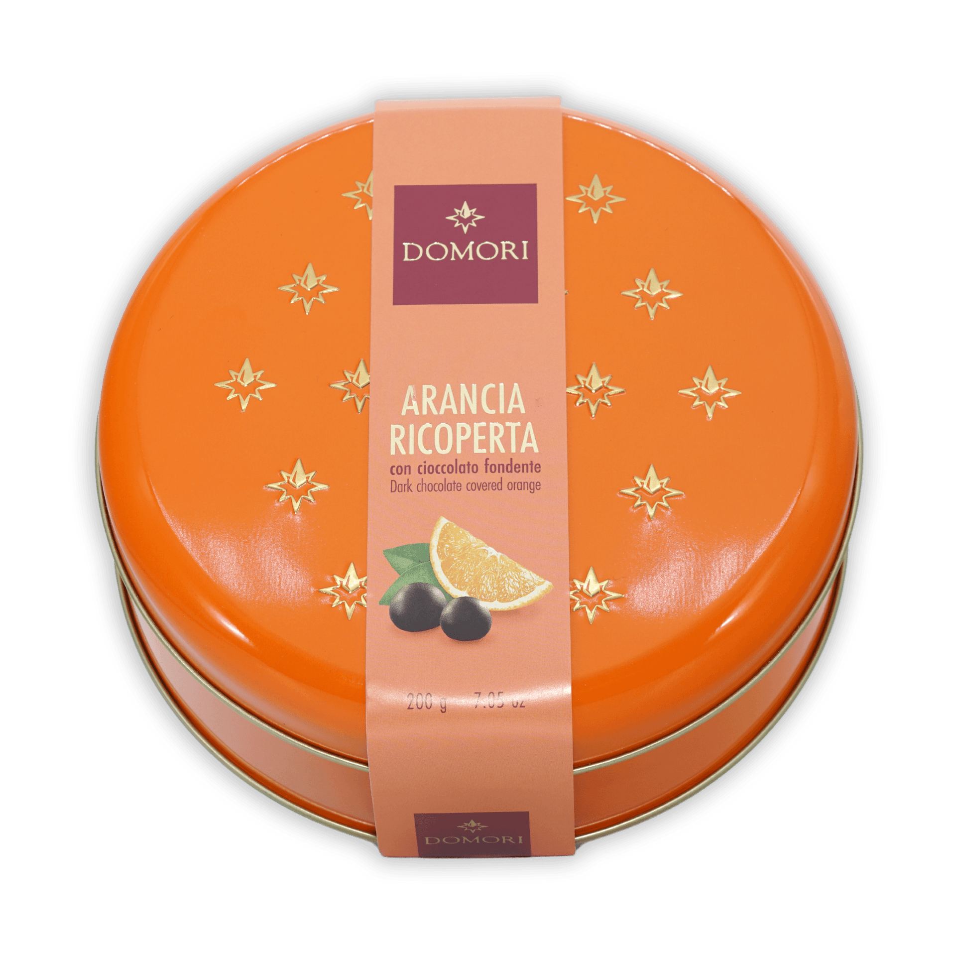 Domori chocolate coated orange tin gift box, vibrant orange with gold stars
