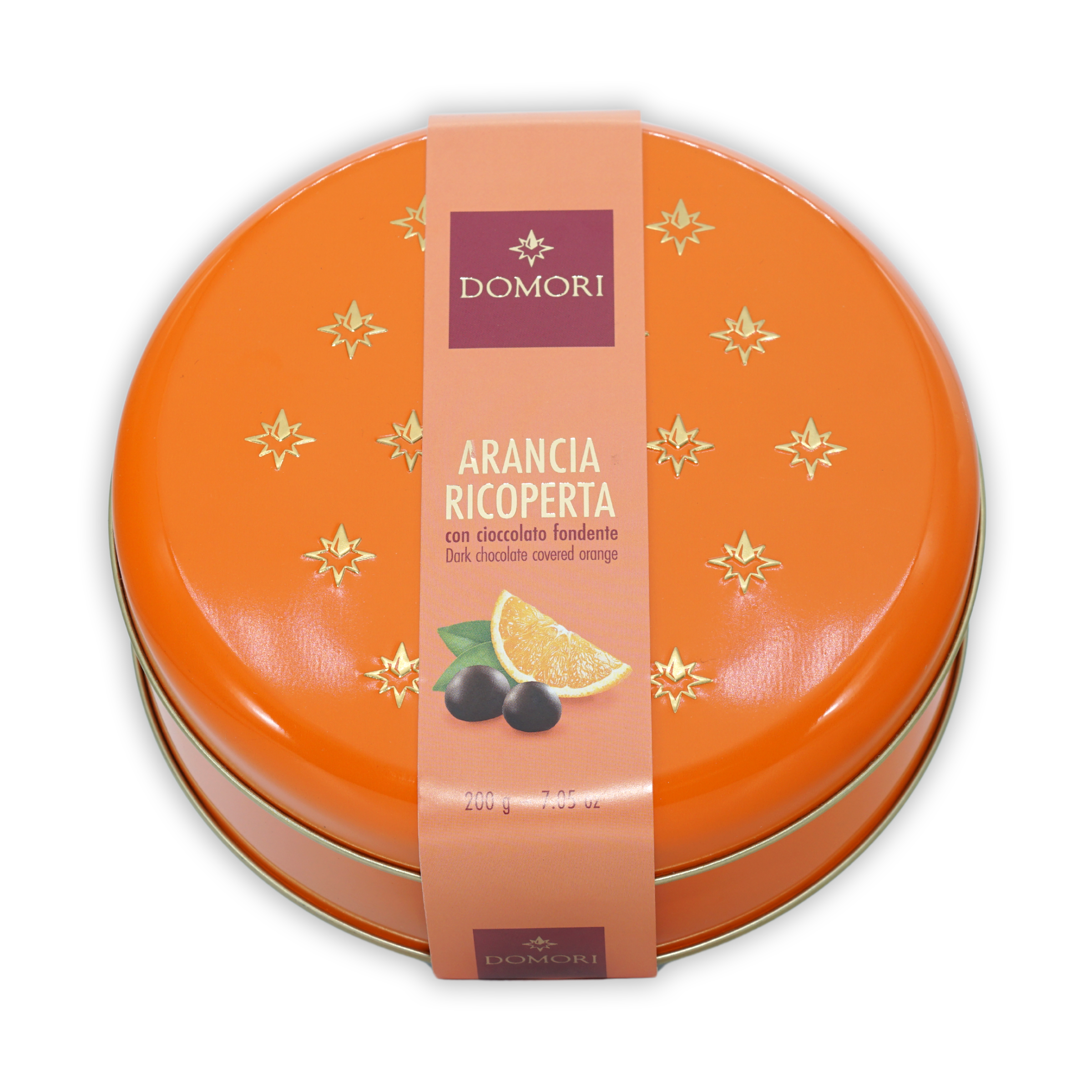 Domori chocolate coated orange tin gift box, vibrant orange with gold stars