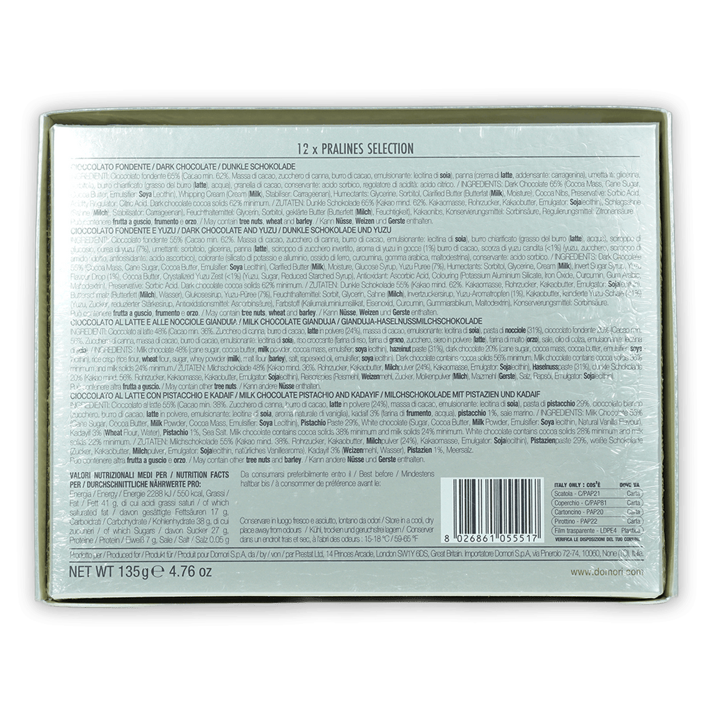 Back of Domori silver praline tin with 12 Dounou pralines