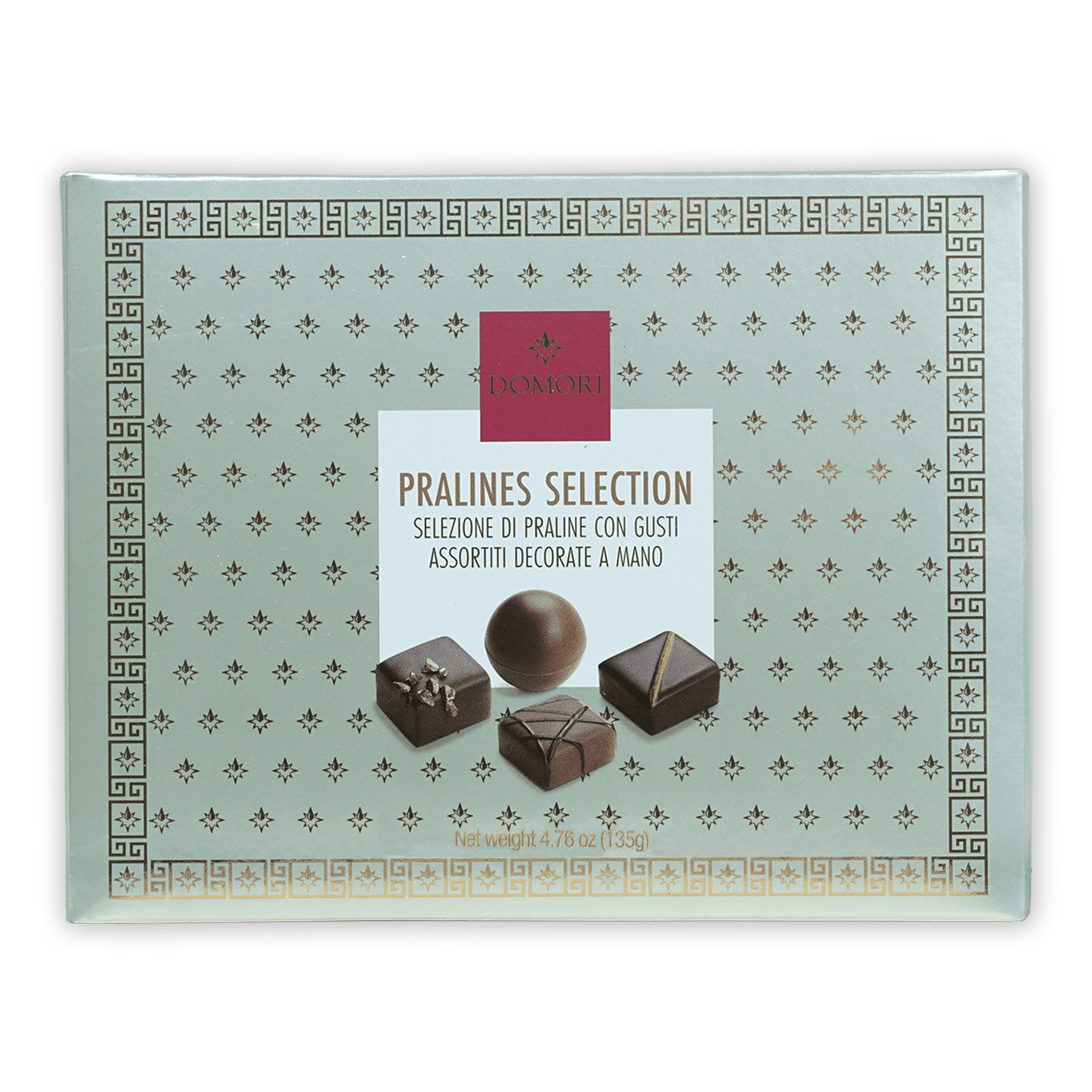 Domori 12pc praline gift box: light green with gold-black pattern, L’Oreal label