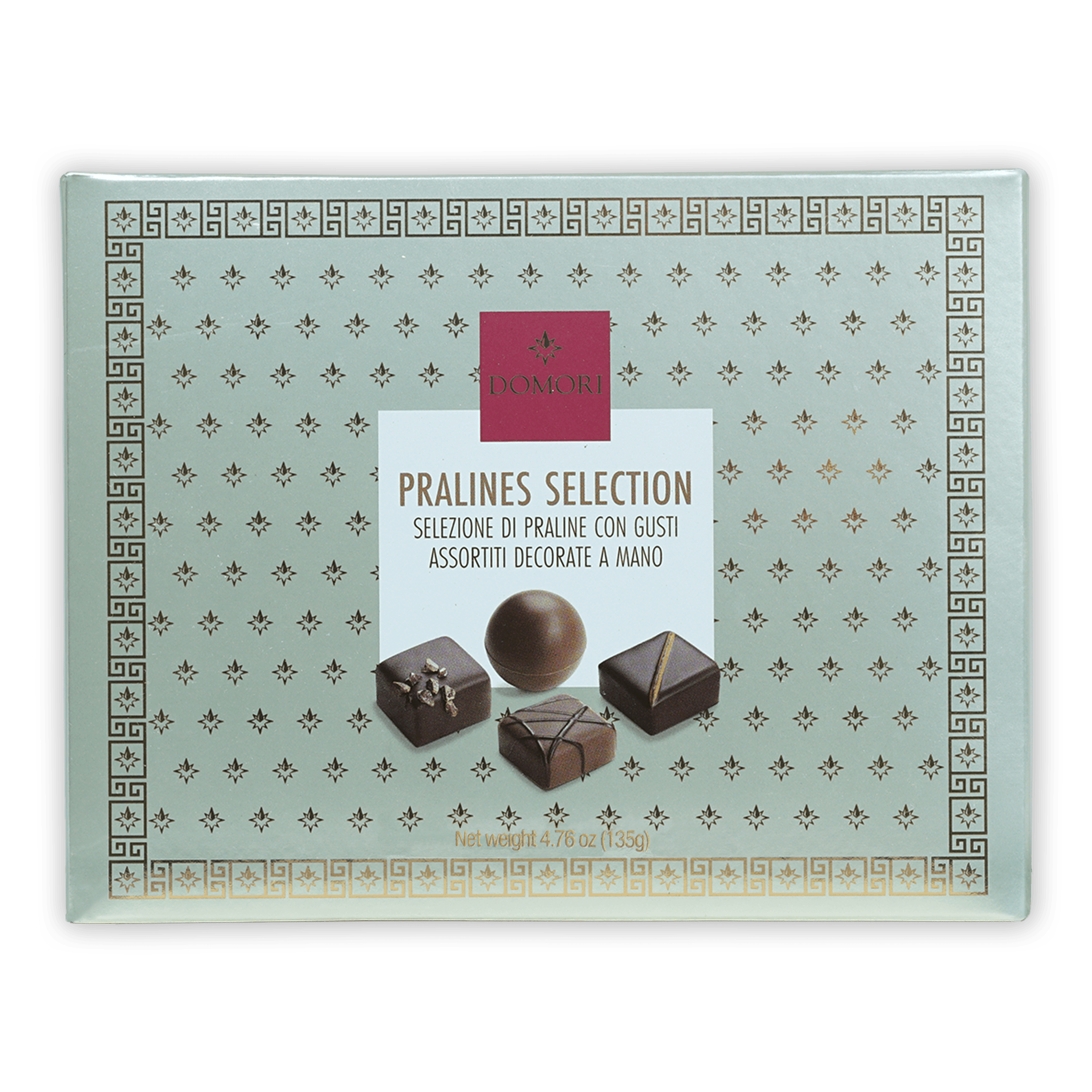 Domori 12pc praline gift box: light green with gold-black pattern, L’Oreal label