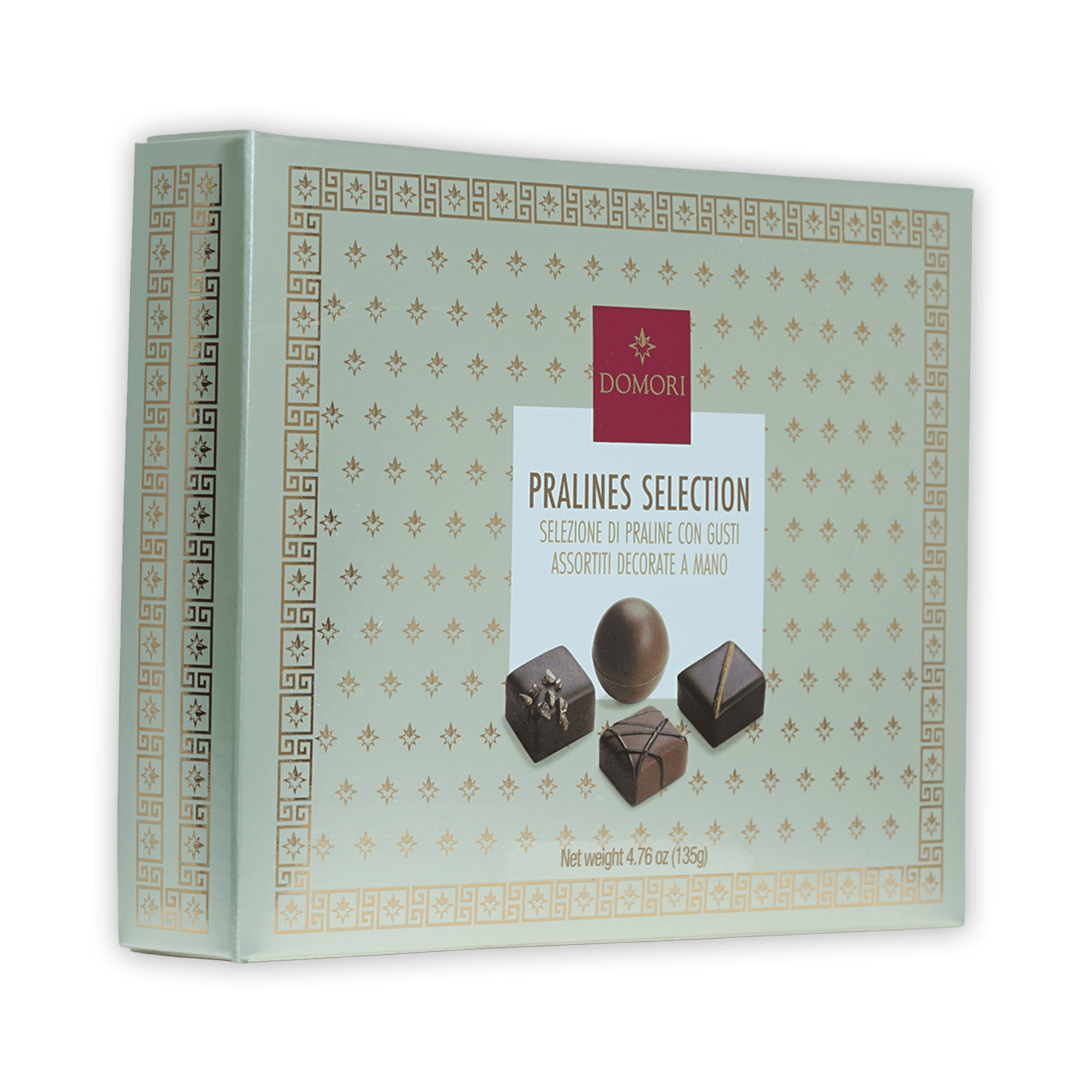 Elegant light green Domori pralines gift box with gold patterns, 12 pcs