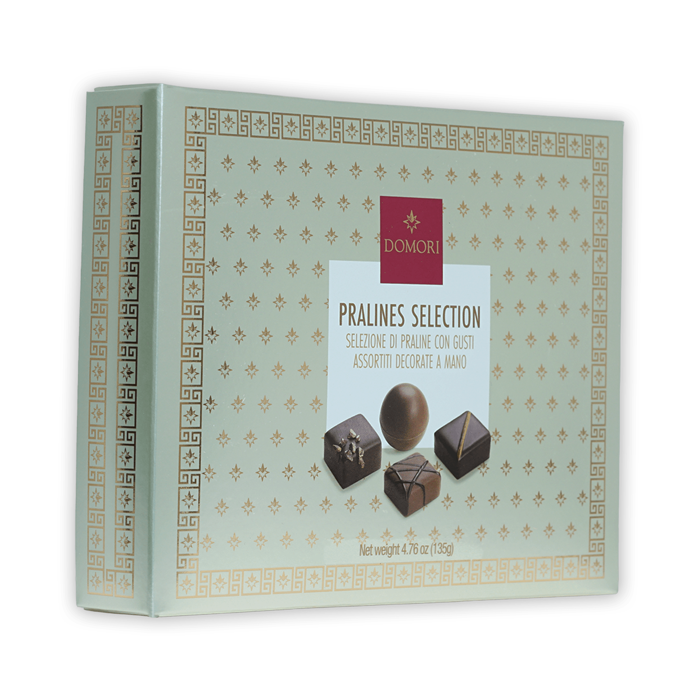 Elegant light green Domori pralines gift box with gold patterns, 12 pcs