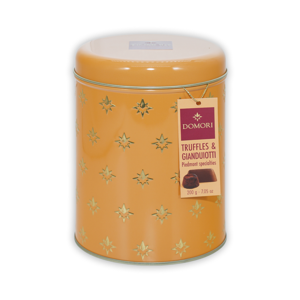 Domori Giandujotti & dark truffles tin with gold stars