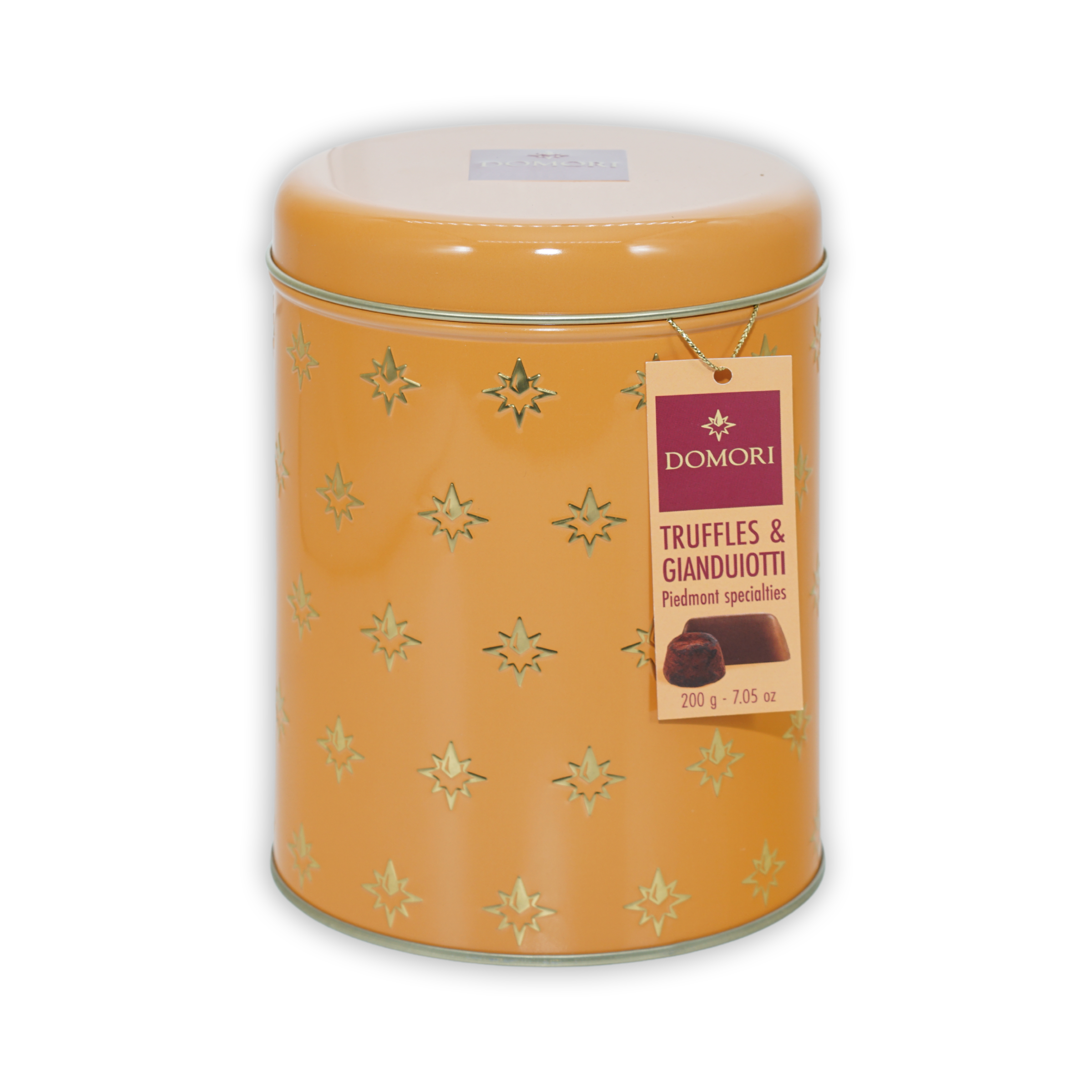 Domori Giandujotti & dark truffles tin with gold stars