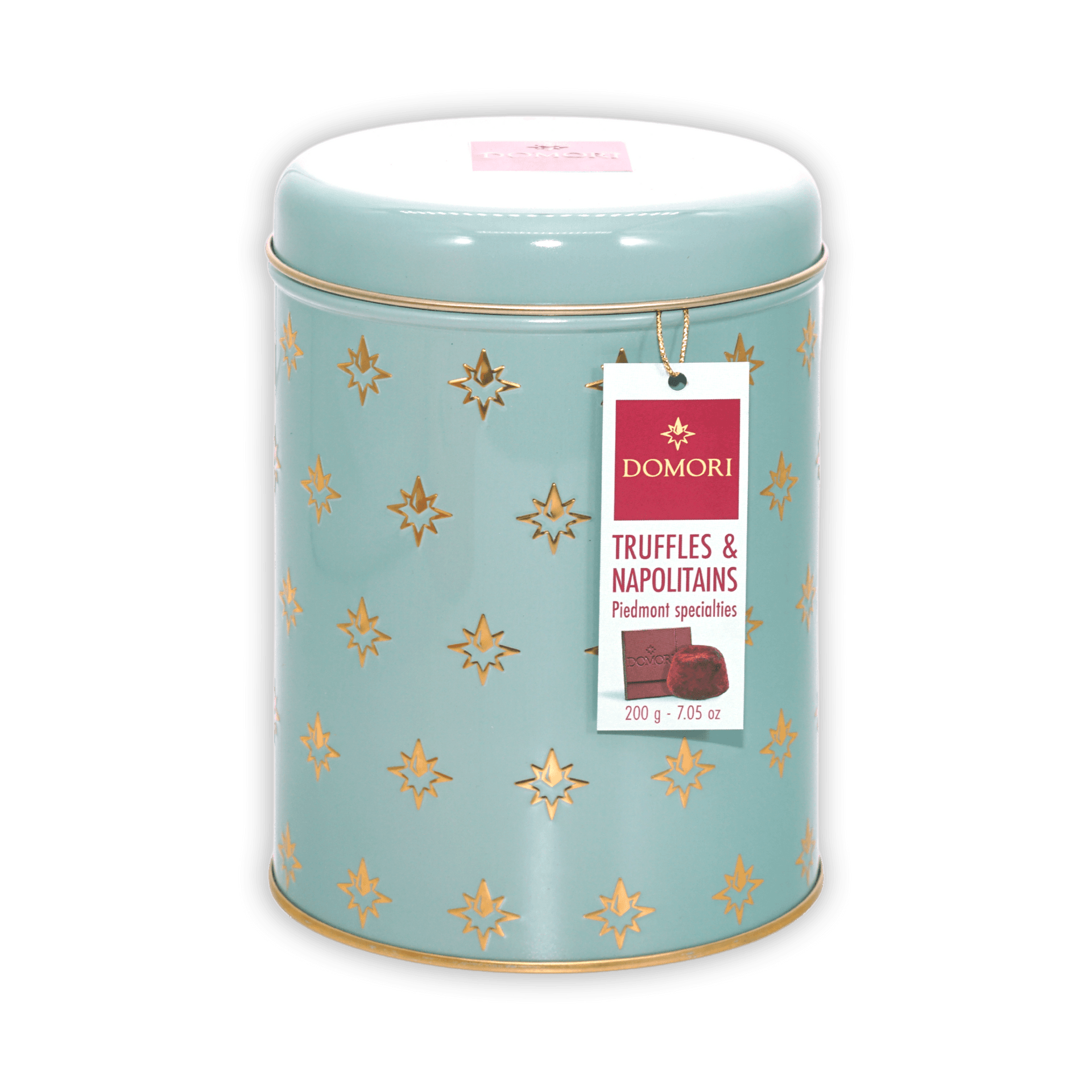 Domori Classic Truffles & Napolitains light blue tin with gold stars