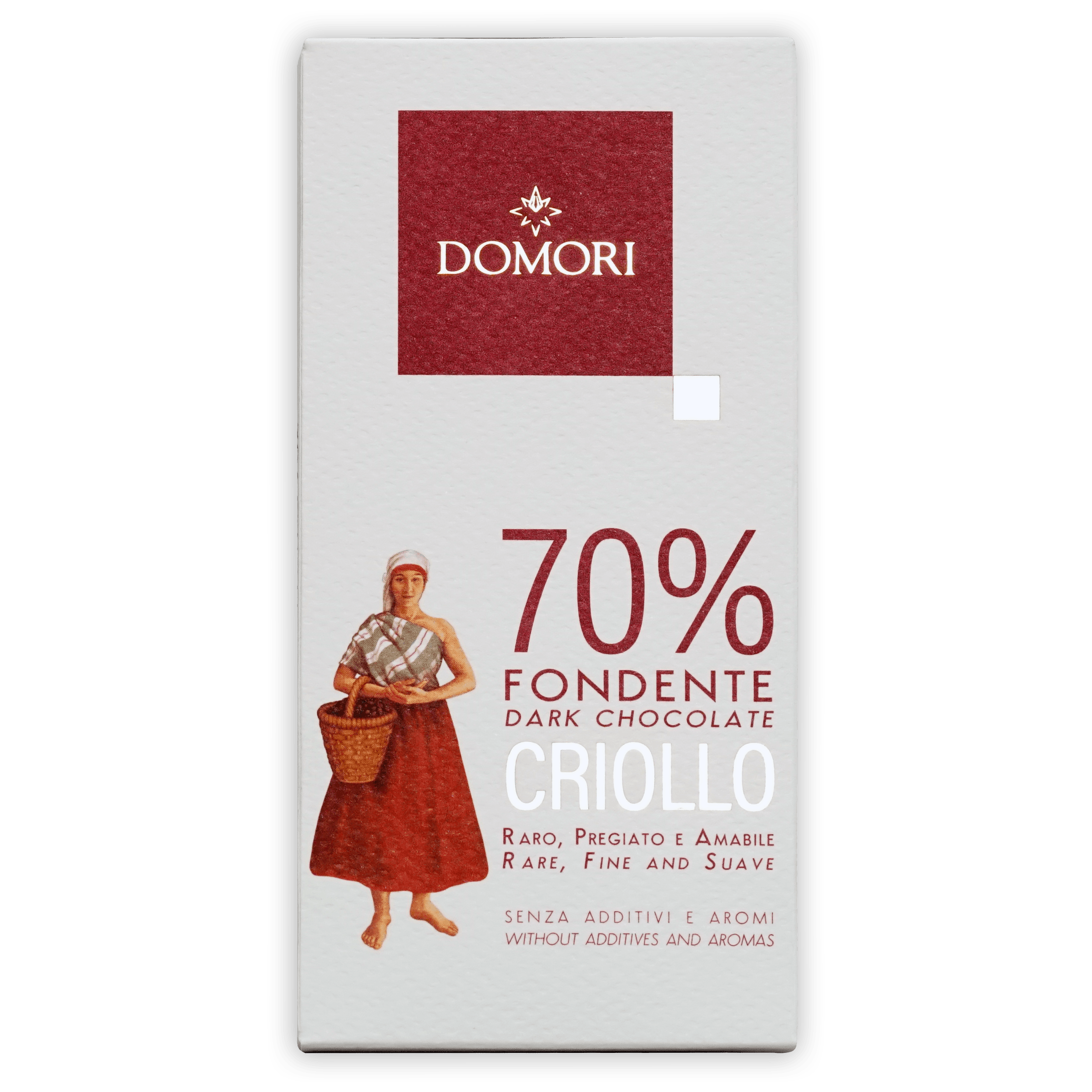 Domori Criollo 70% dark chocolate bar in white red packaging