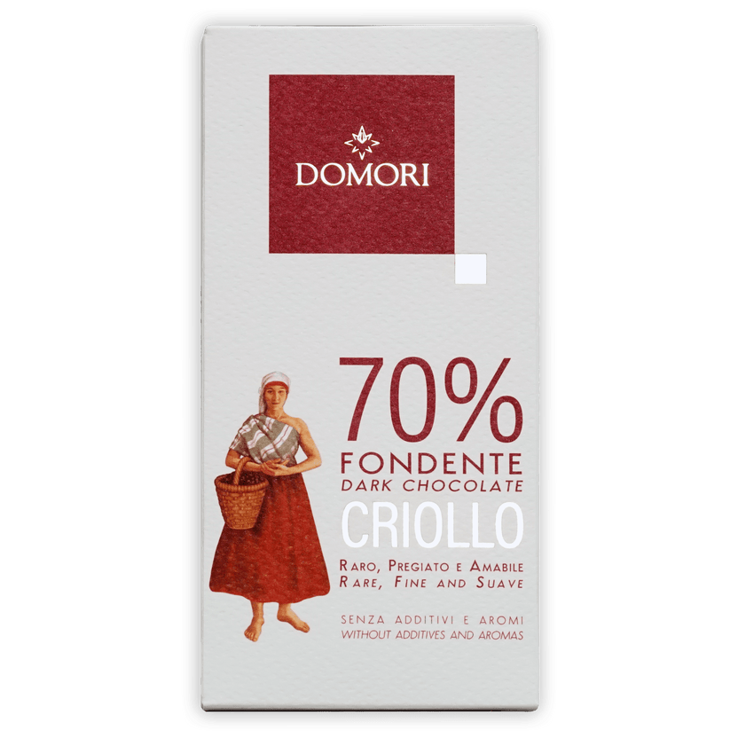 Domori Criollo 70% dark chocolate bar in white red packaging