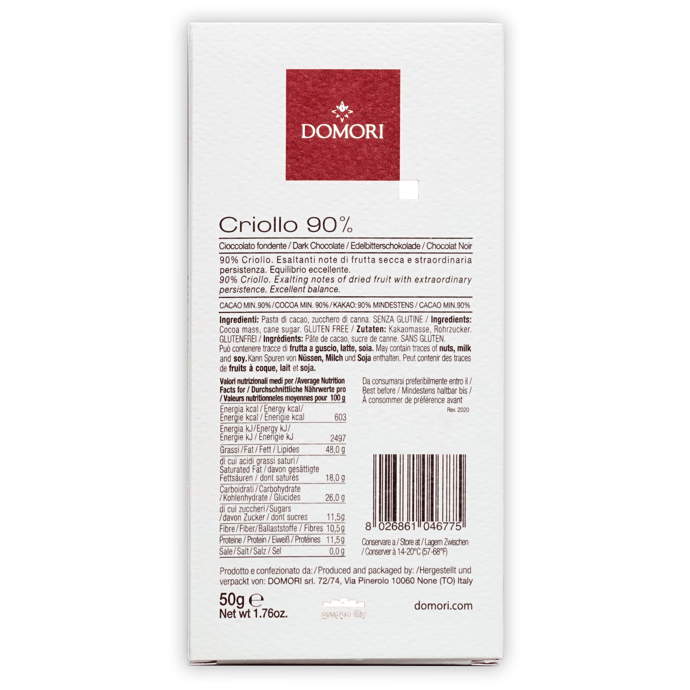 Domori Criollo 90% dark chocolate white rectangular package