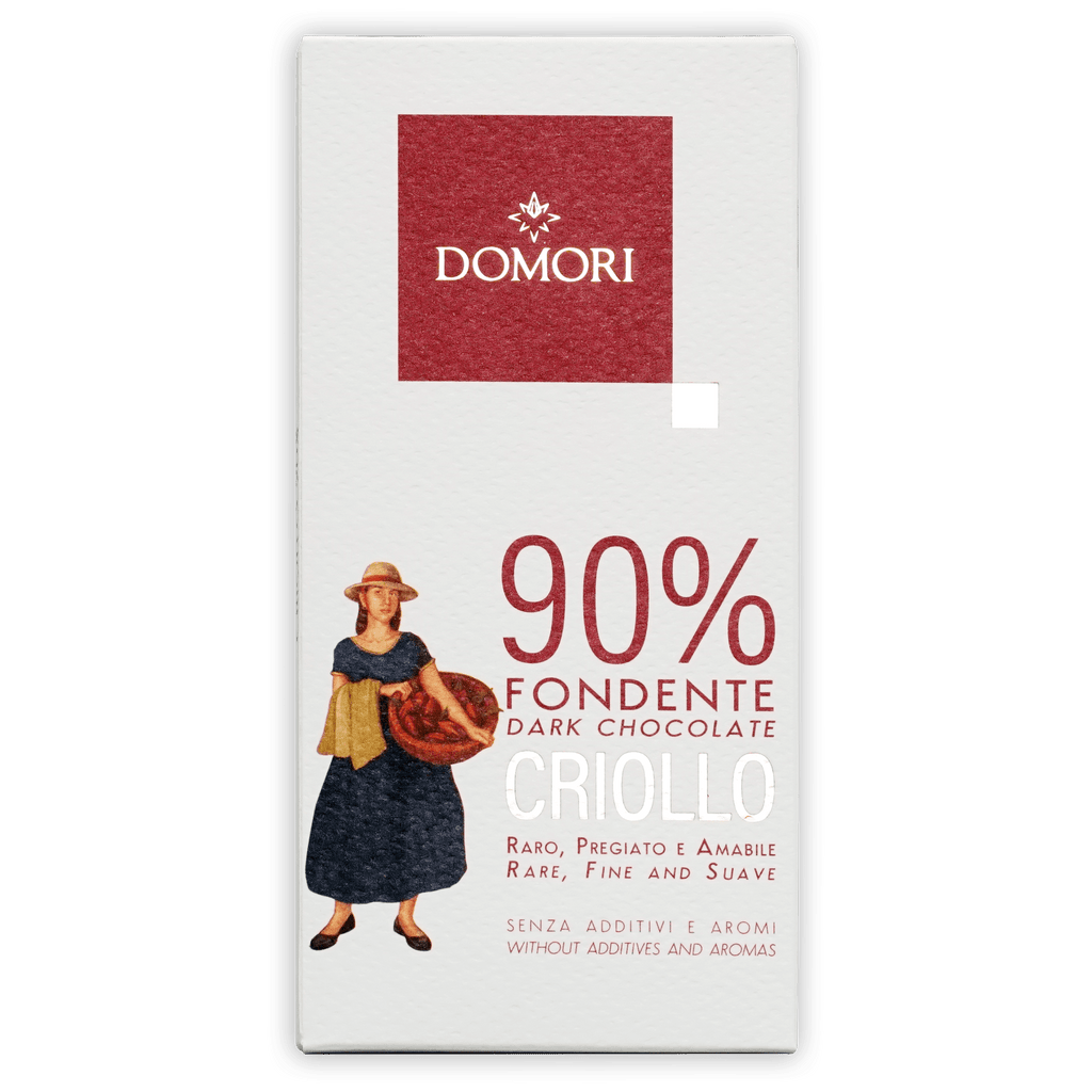 Domori Criollo 90% dark chocolate bar in white wrapper with red accents