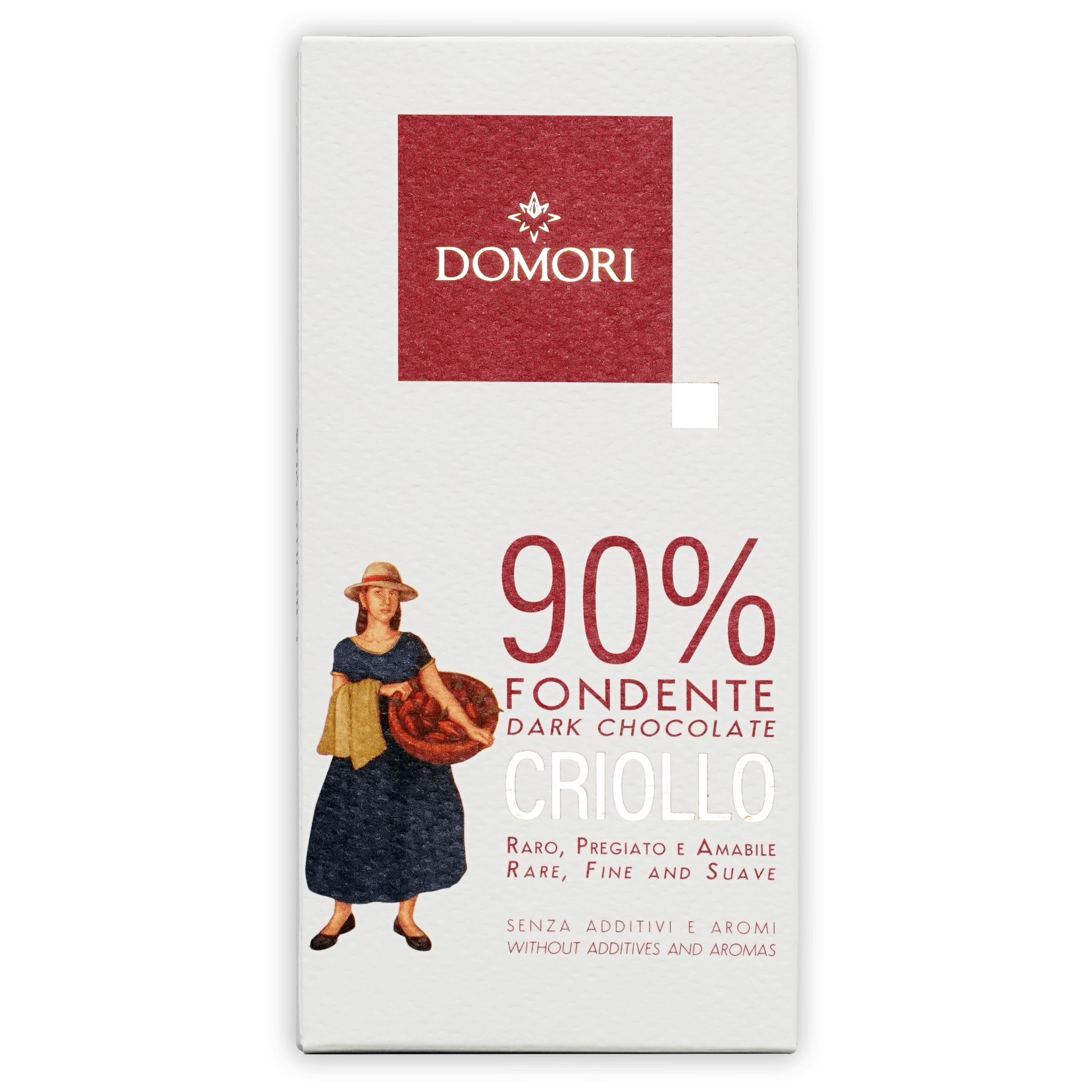 Domori Criollo 90% dark chocolate bar in white wrapper with red accents