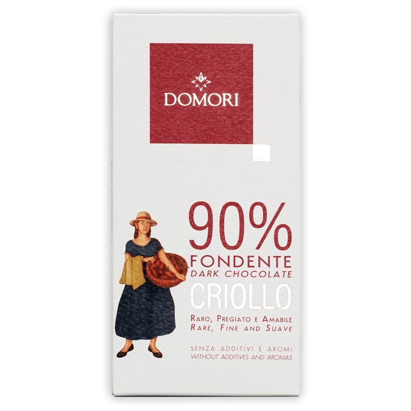Domori Criollo 90% dark chocolate bar in white wrapper with red accents
