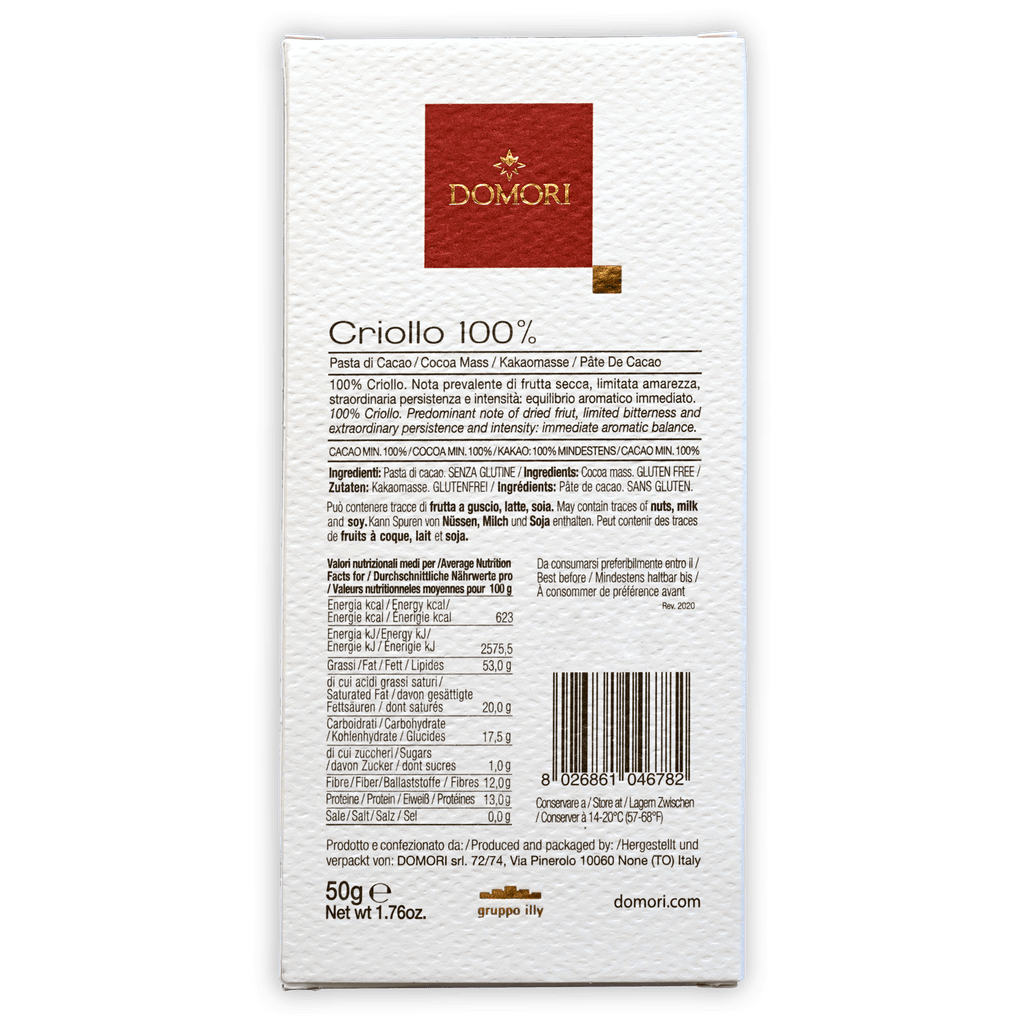 Domori Criollo 100% white rectangular chocolate package with red logo