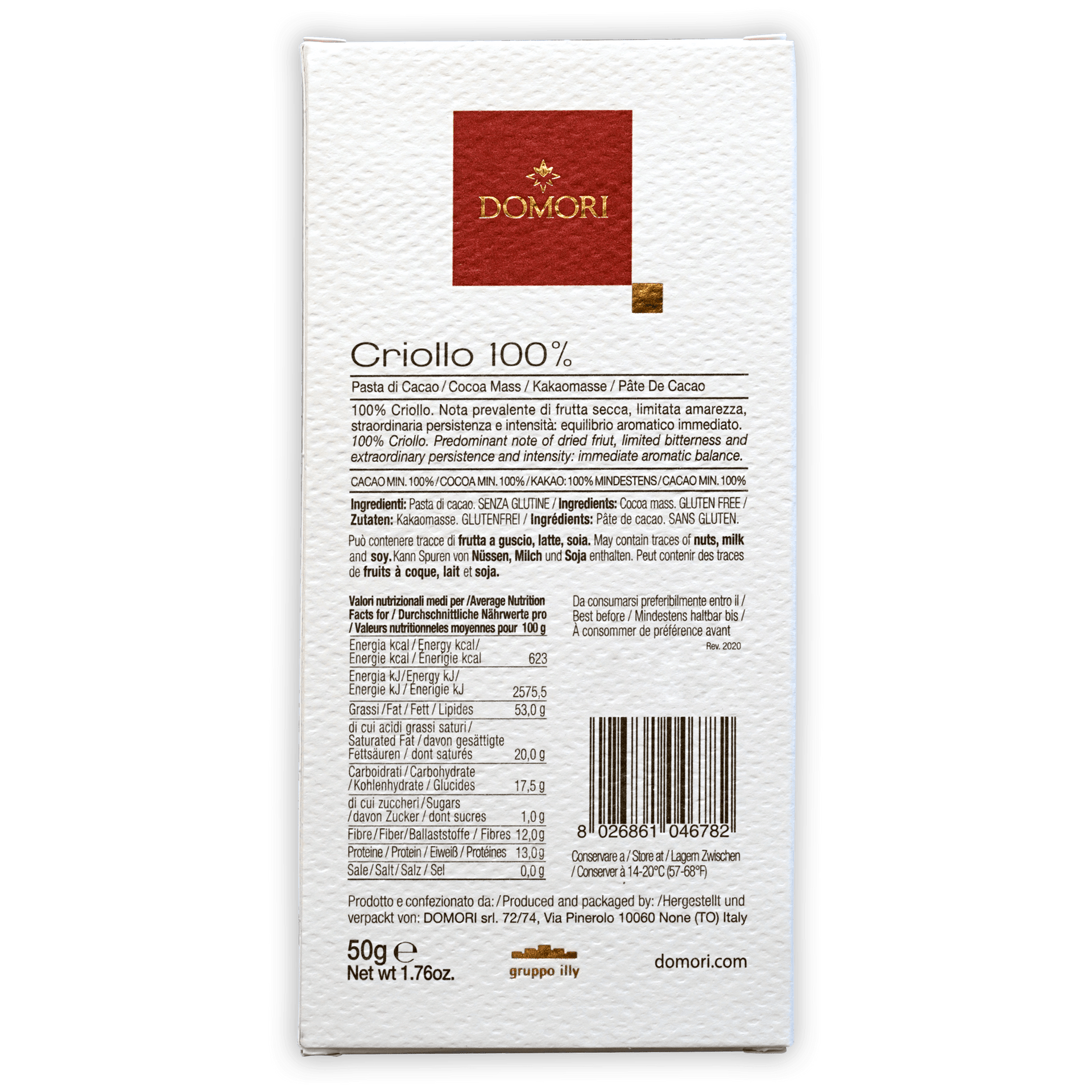 Domori Criollo 100% white rectangular chocolate package with red logo