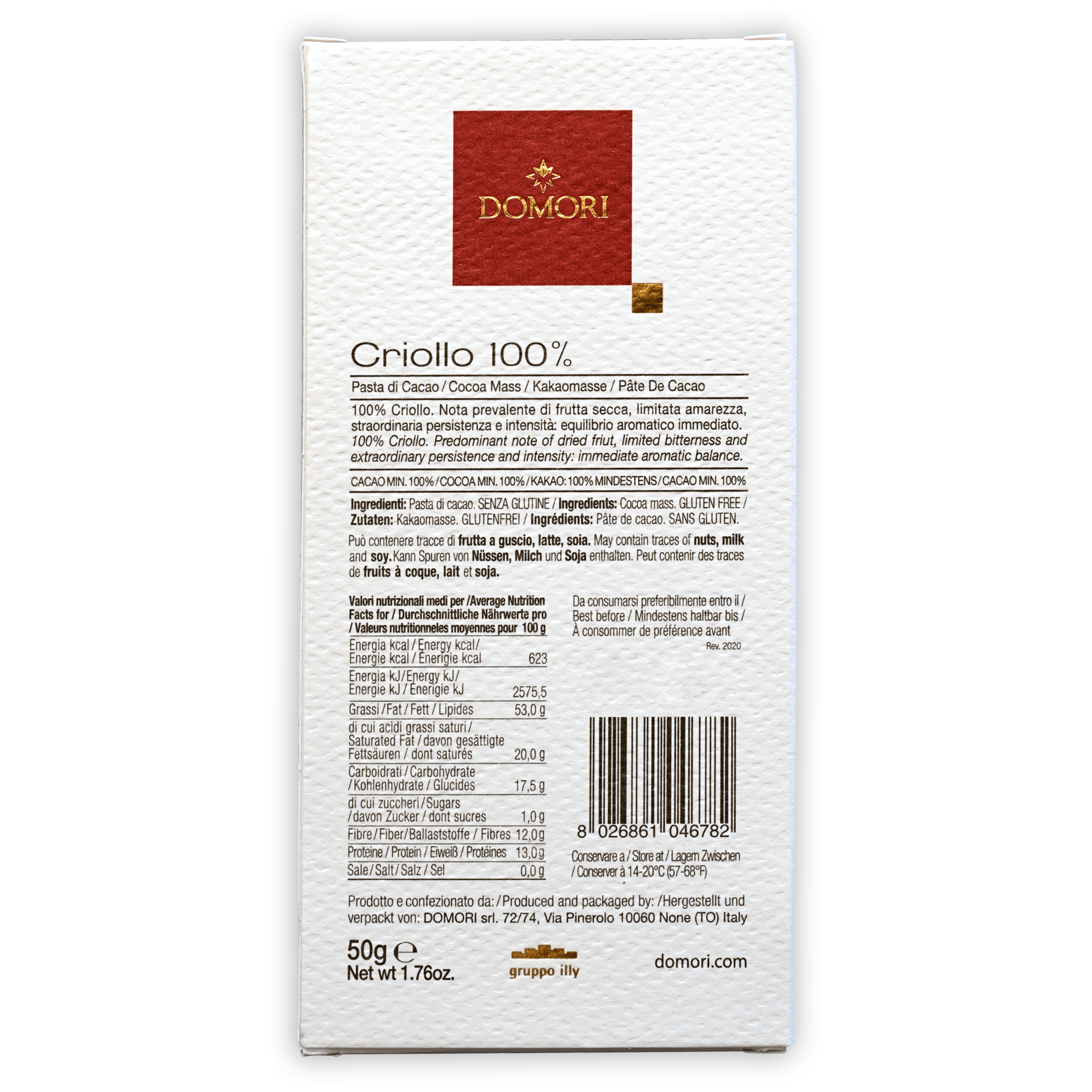 Domori Criollo 100% white rectangular chocolate package with red logo