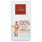 Domori Criollo 100% cacao chocolate bar in white red wrapper with gold foil