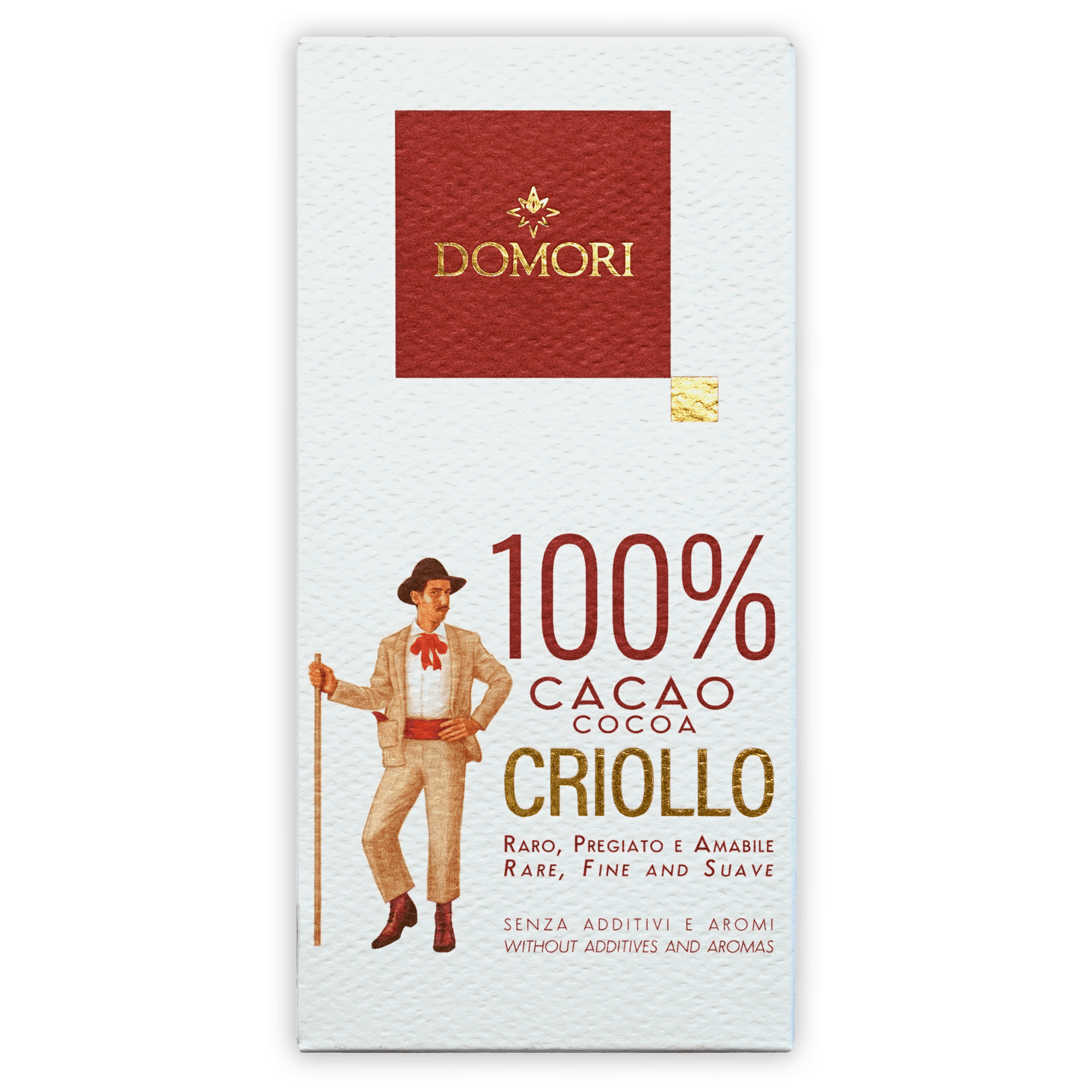 Domori Criollo 100% cacao chocolate bar in white red wrapper with gold foil