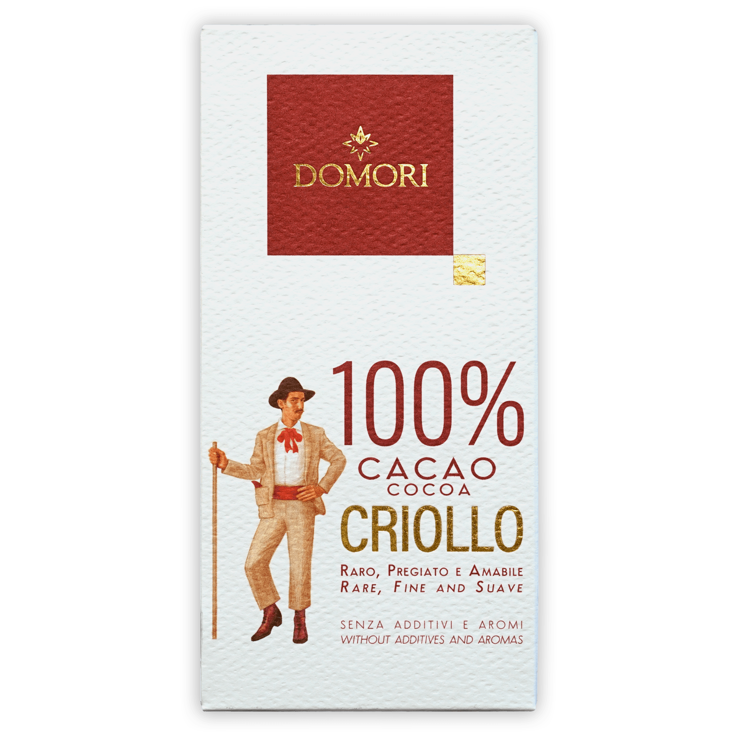 Domori Criollo 100% cacao chocolate bar in white red wrapper with gold foil