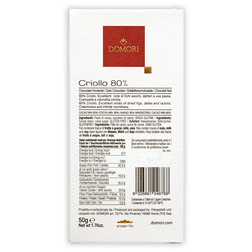 Domori Criollo 80% white wrapper with red square gold Domori logo