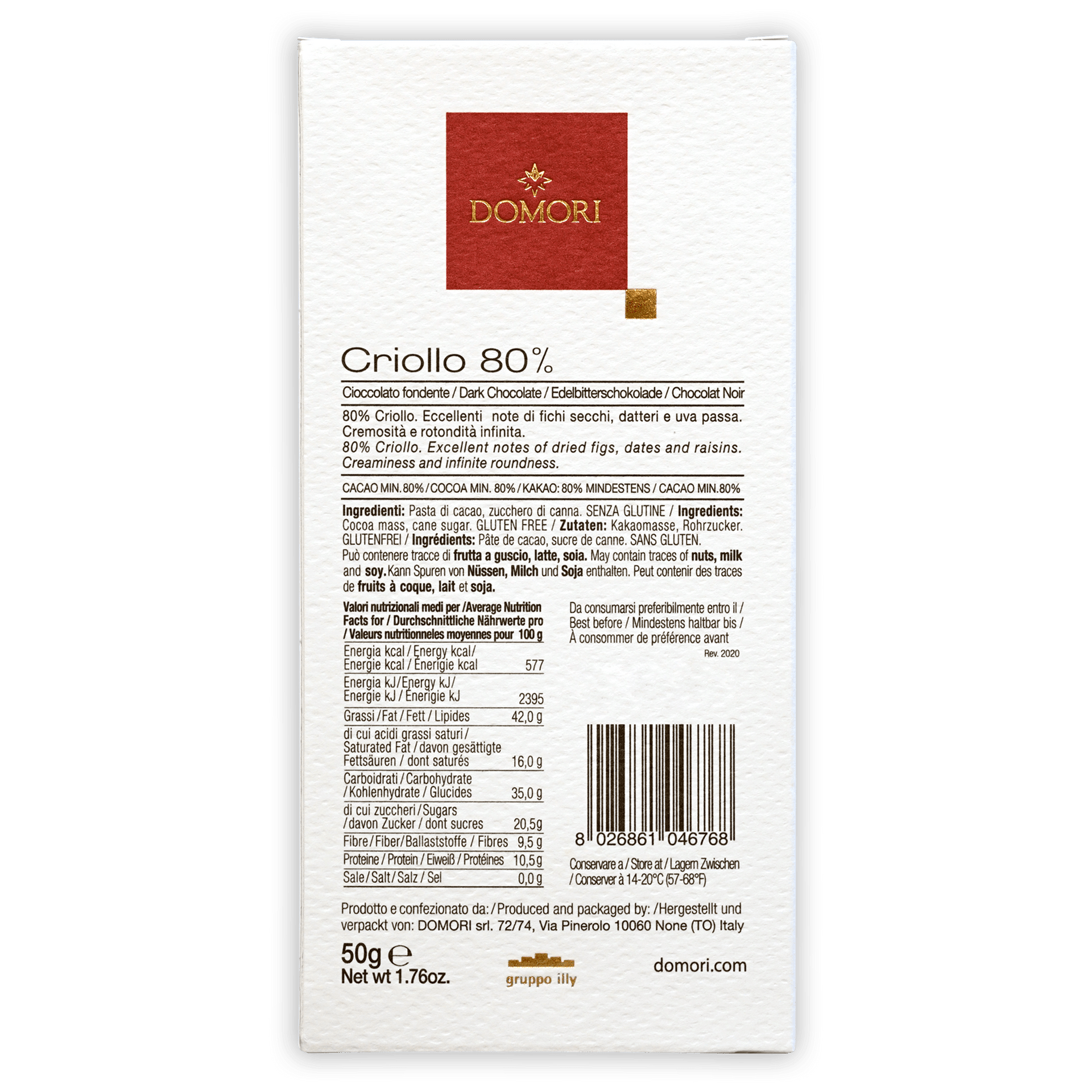 Domori Criollo 80% white wrapper with red square gold Domori logo